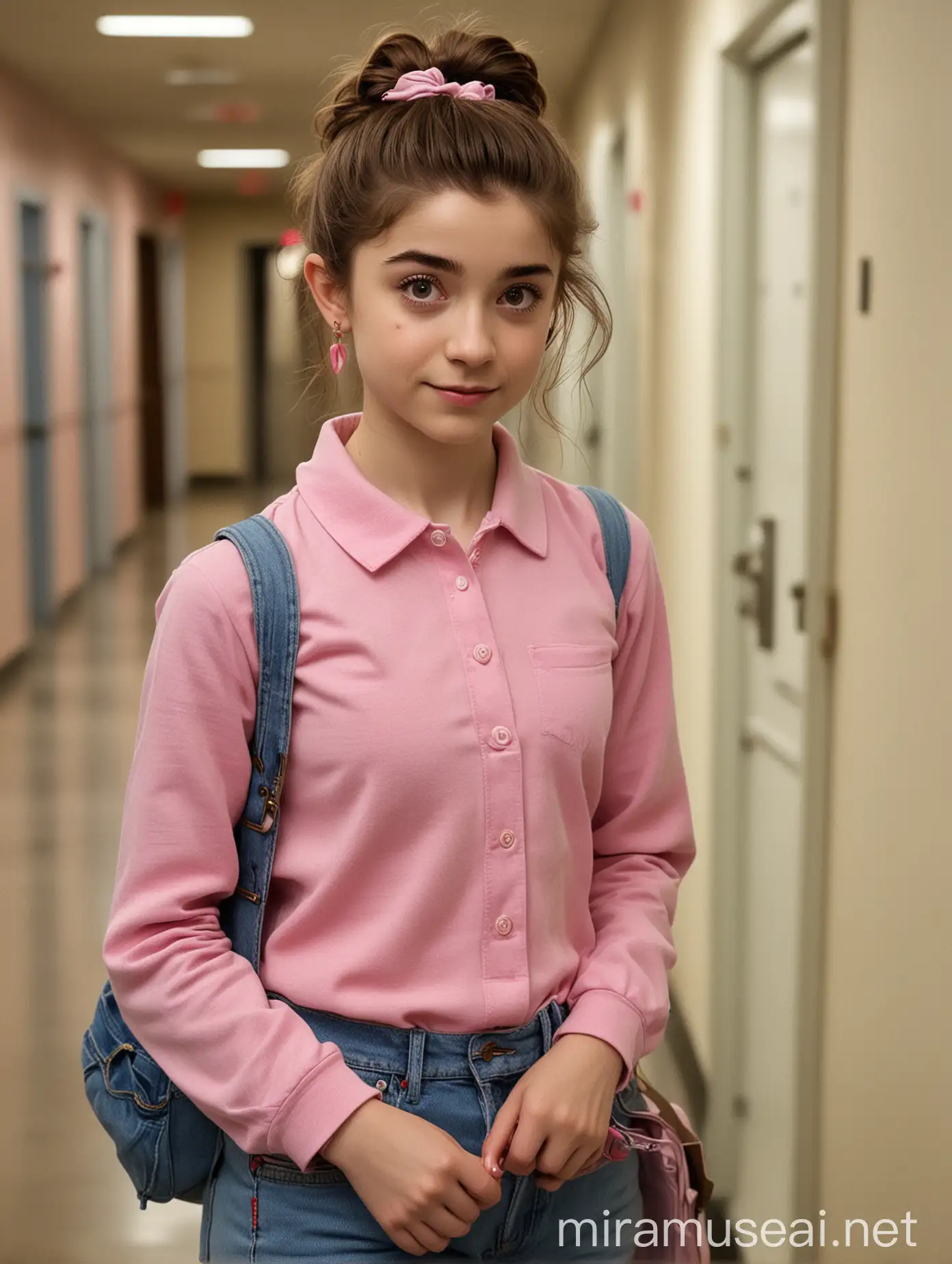 Object: Natalia Dyer with dark‐brown hair and eyes. Her usual hairstyle is a ponytail with a pink scrunchie. Her mauve‐and‐white‐colored polo and blue jeans suit her gentle and discreet temperament. She wears pink earrings and often carries textbooks in her hands.  Background: University hallway.