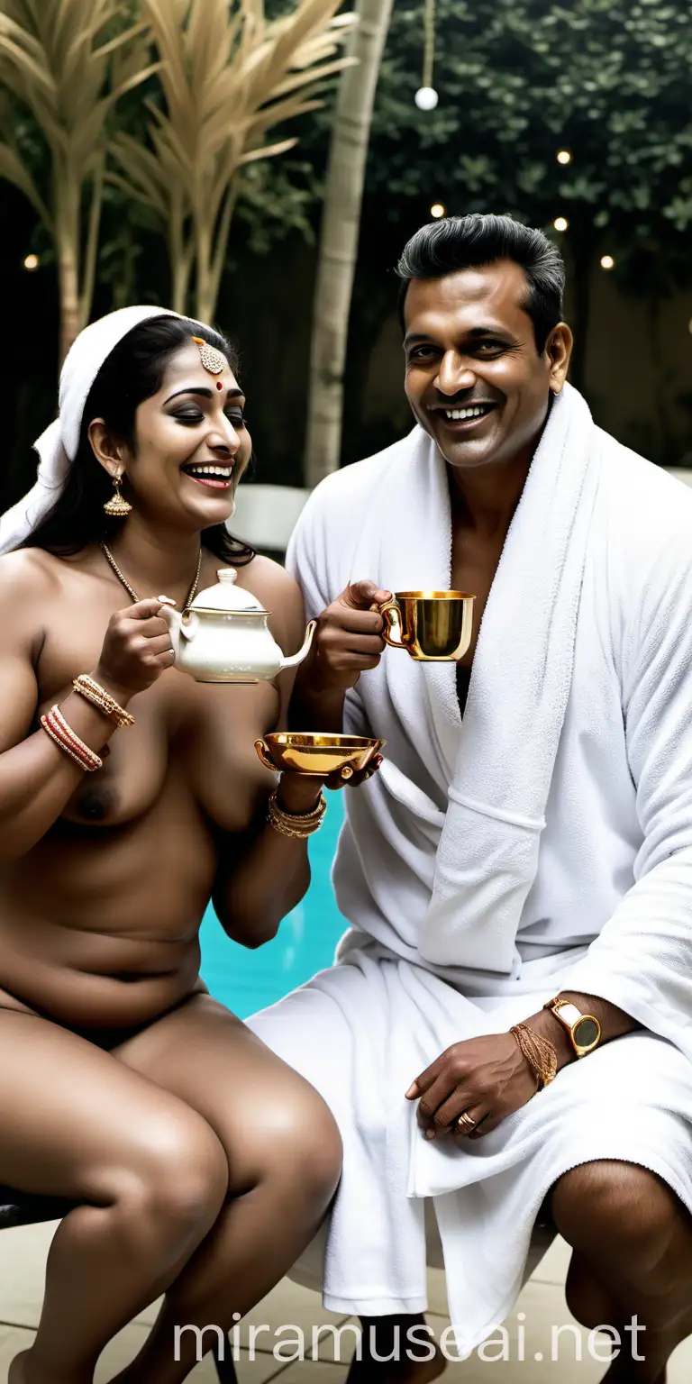 Luxurious Nighttime Tea Time Indian Couple and Dog in Poolside Court