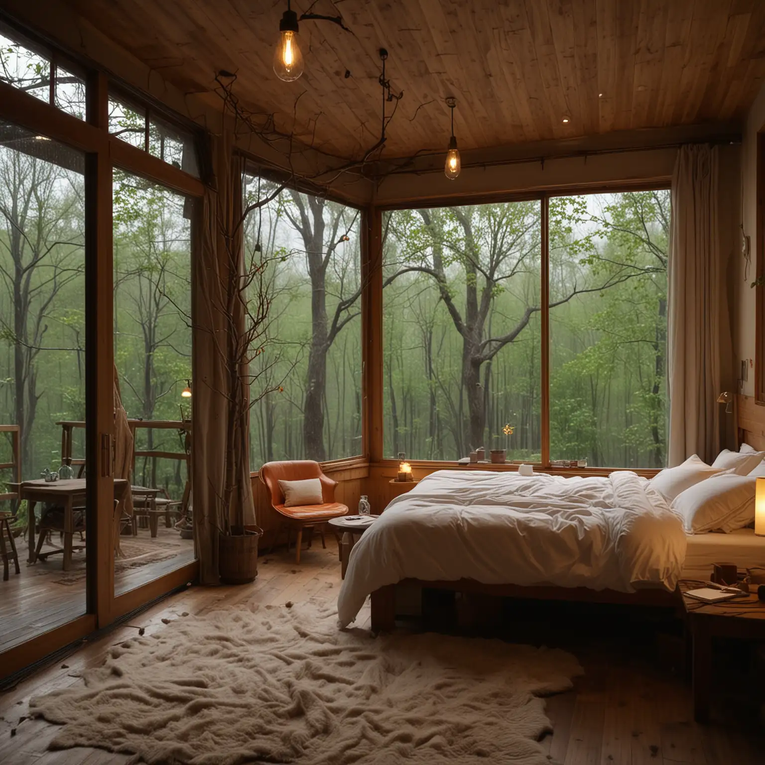 two sided large floor-to-ceiling windows, indoor, large bed, unmade comforter, pillows, desk, glowing big table lamp, dim lighting, small interior space, close view, small wooden house, tree branches and small rain outside