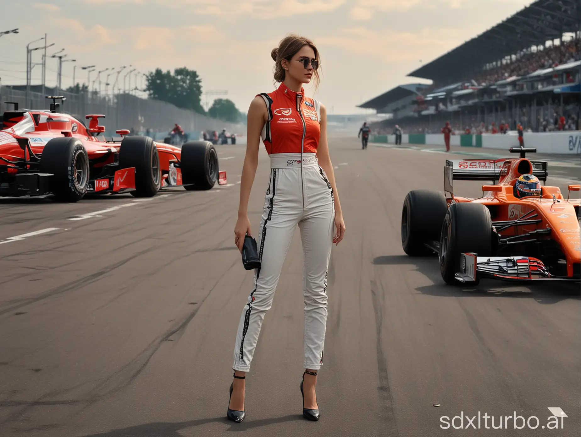 please draw a beautiful full-length fashion girl emotionally talking to the racer in against the background of a bolid formula-1