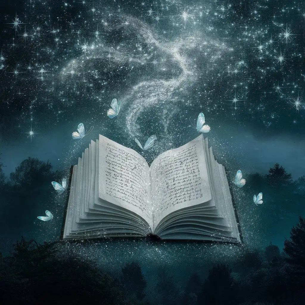 Imagine the landscape of the night sky, bustling with its shining stars. At the center of the painting is an open book, from which a delicate, silvery light is raised, symbolizing magic. Delicate, luminous butterflies float around the book, adding an element of mystery and charm to the scene. The whole is surrounded by a calm, slightly foggy forest, which emphasizes the atmosphere of peace and wonder of the moment.