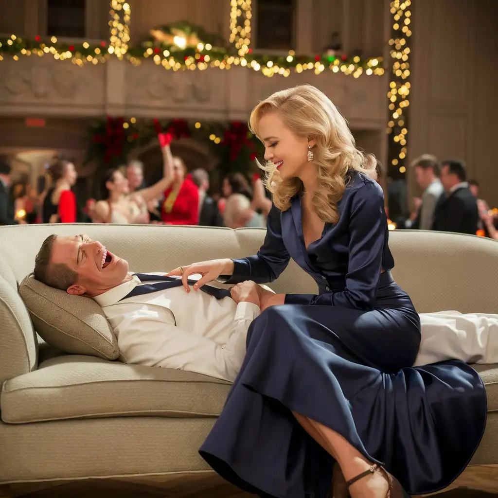A christmas party in a ballroom. In the distance is a sofa. A hysterically laughing Caucasian man is lying longways on his back on a sofa. A beautiful blonde woman is sitting beside him on the sofa. she is looking deeply into his eyes and smiling. she is touching his chest with one of her fingers. she is wearing a dark blue satin blouse, long dark blue satin maxi circle skirt and heels.