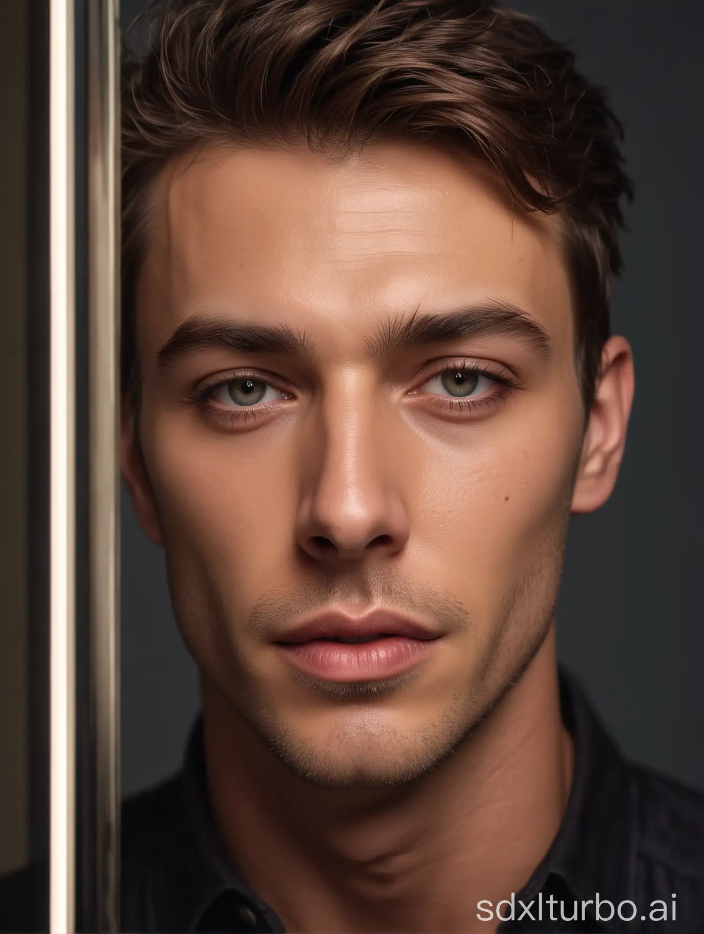 first pov towards mirror, studio photography professional lighting portraits male super model, face close up, very handsome, masterpiece, best quality, ultra-detailed, very elegant,