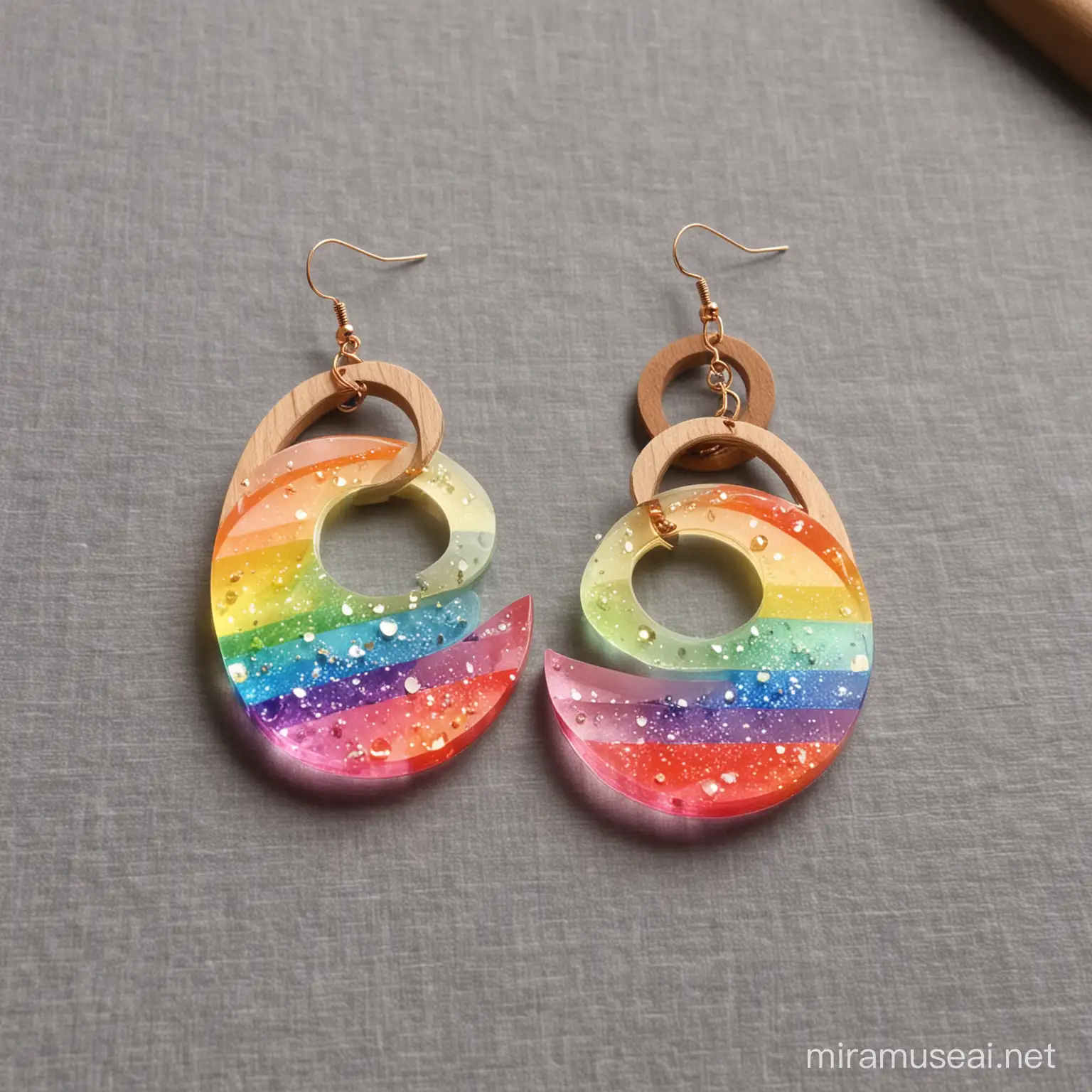 Handcrafted Resin Earrings Wooden and Rainbow Accents