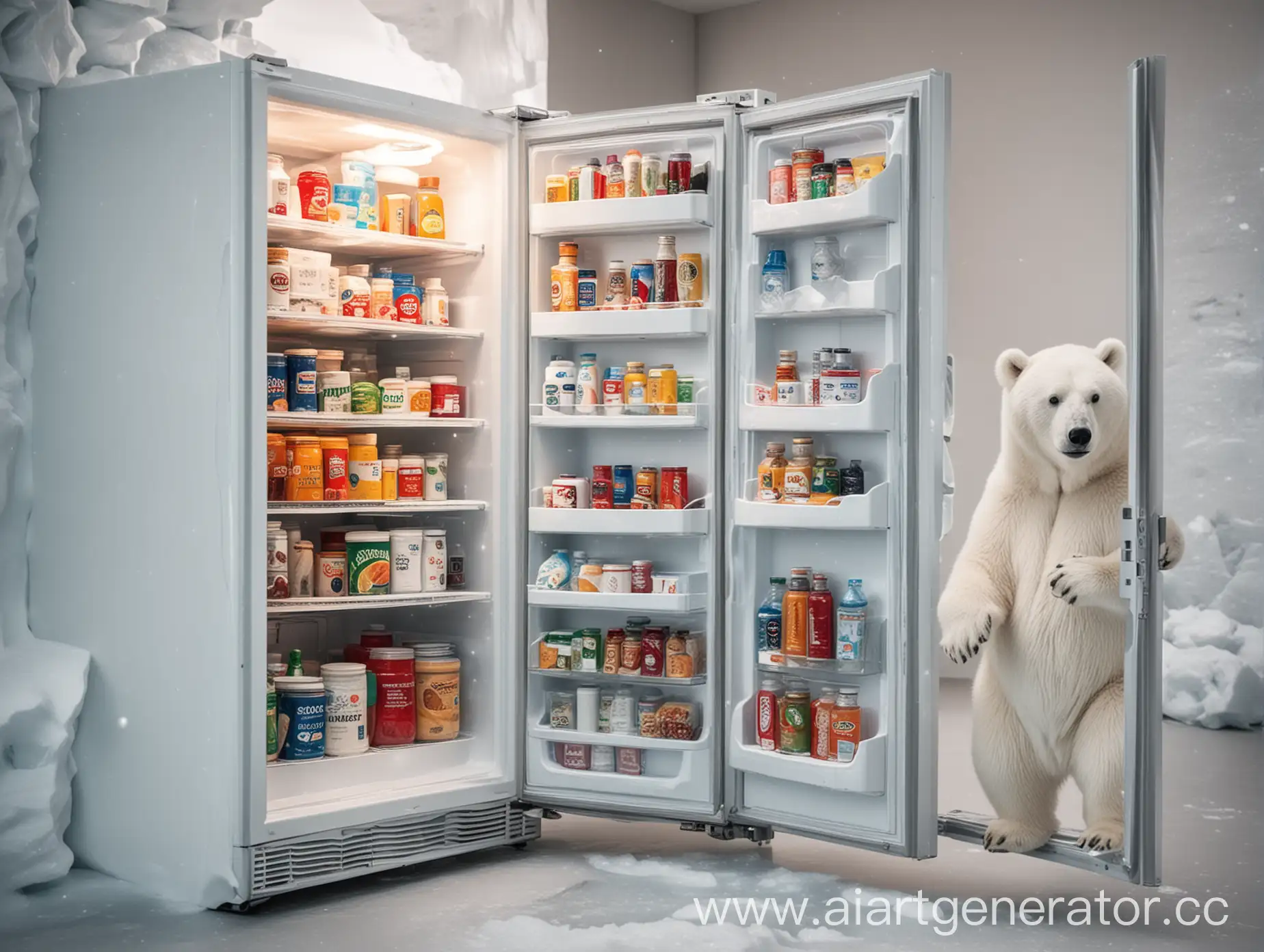 фото современного холодильника с продуктами внутри и открытой дверцей среди льдов северного полюса, рядом стоит белый медведь
