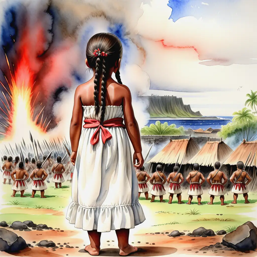 hawaiian battle in 1787
 back view of 6 yr old hawaiian girl in white dress watching warriors battle and destroy her village - watercolor art