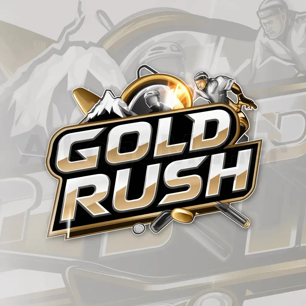 a logo design,with the text "Gold Rush", main symbol:Hockey team logo, gold rush, mountain, shovel, man,complex,be used in Entertainment industry,clear background