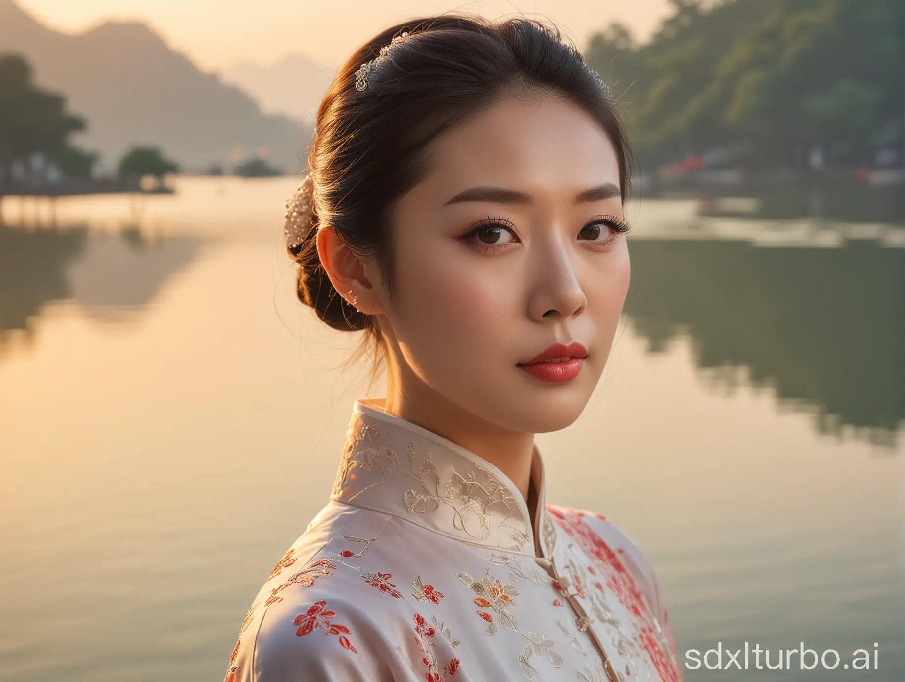 A Chinese female singer in a traditional qipao, full-face close-up, with delicate facial features and profound eyes, set against the backdrop of Hangzhou's West Lake, with the last rays of the setting sun casting a serene and elegant atmosphere over the lake's surface