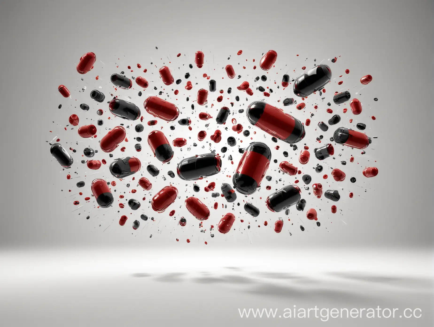 красные и черные таблетки и капсулы летят навстречу друг другу на белом фоне с тенями
