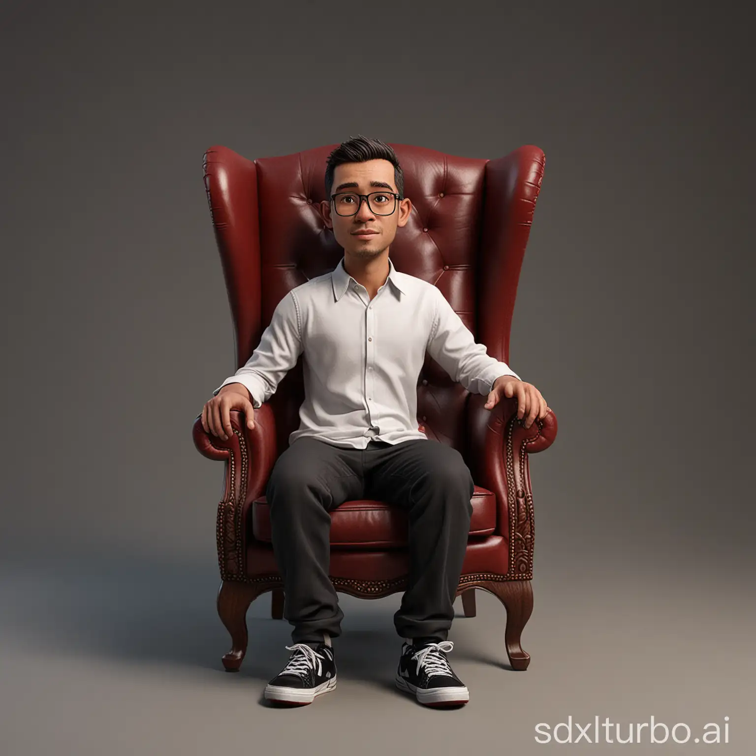 Create a caricature 3D Realistic Disney pixar style full body with a big head. an Indonesian male photographer, a 35 year old man, is sitting relaxed in a classic dark red wingback wooden chair, the wood texture is clear. Wearing a white t-shirt covered with a black suit, wearing black cloth trousers. Wearing air jordan sneakers. Sit with your legs crossed, your right hand holding a camera, your left hand placed on the edge of the chair. The background should contrast with the color of the chair and clothing,enhancing the overall composition of the picture. Use soft photography lighting, dramatic overhead lighting, very high image quality, clear character details, UHD, 16k.