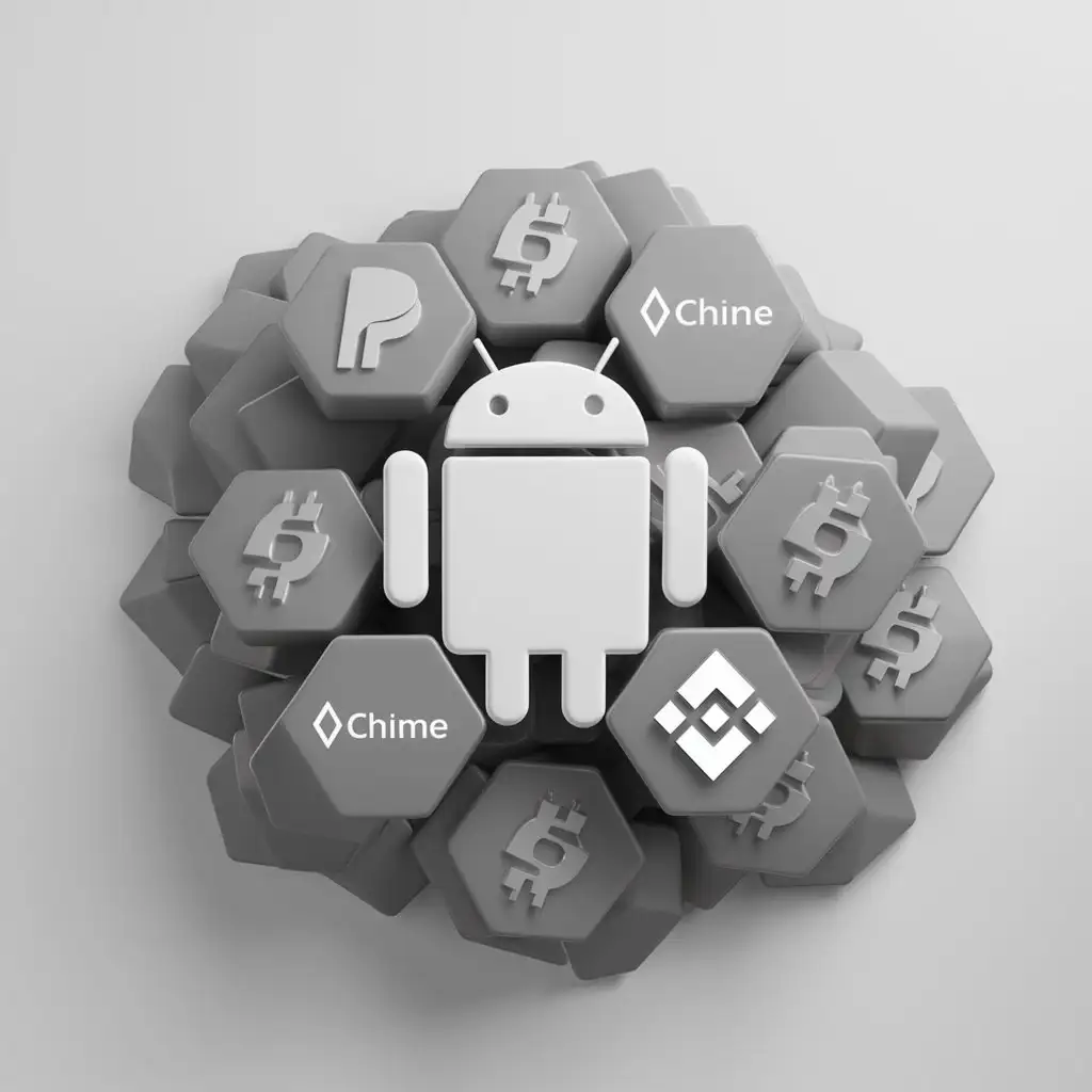Минимализм, 2Д. Логотип Андроида с фоном из кучи шестерёнок, окружен логотипами Paypal, Chime, Binance