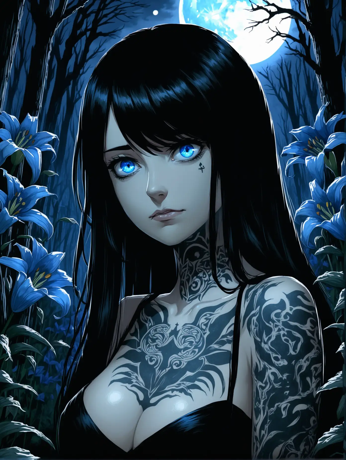 Seductive-Woman-in-Moonlit-Cemetery-with-Blue-Lilies