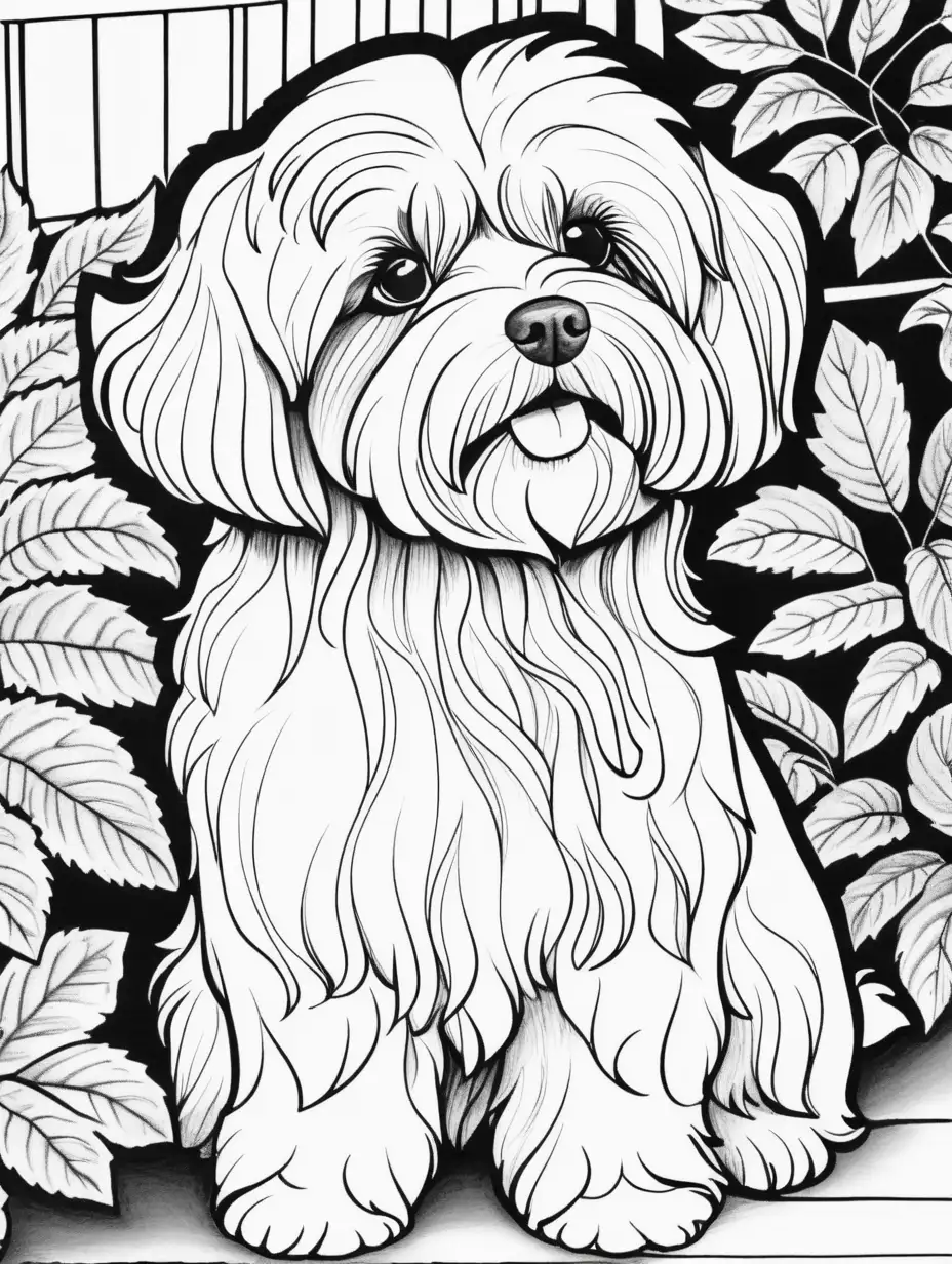 Havanese Dog Coloring Page Tranquil Canine Relaxing Outdoors in Monochrome