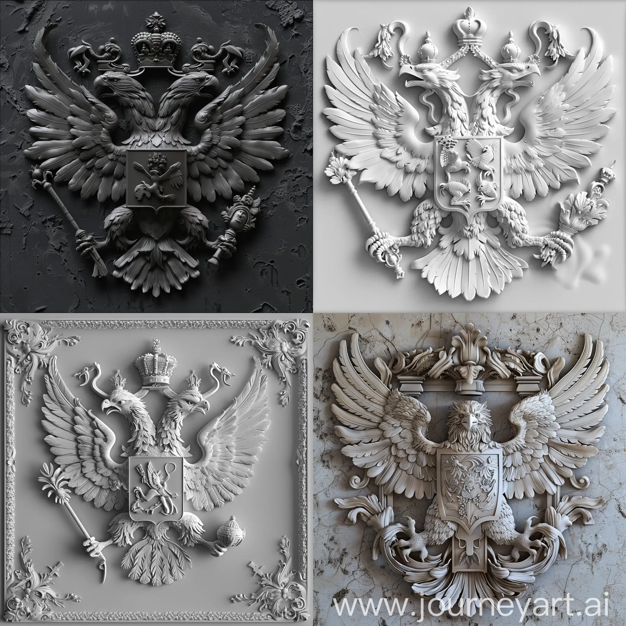 A monotone bas relief height map of a double headed eagle on a coat of arms