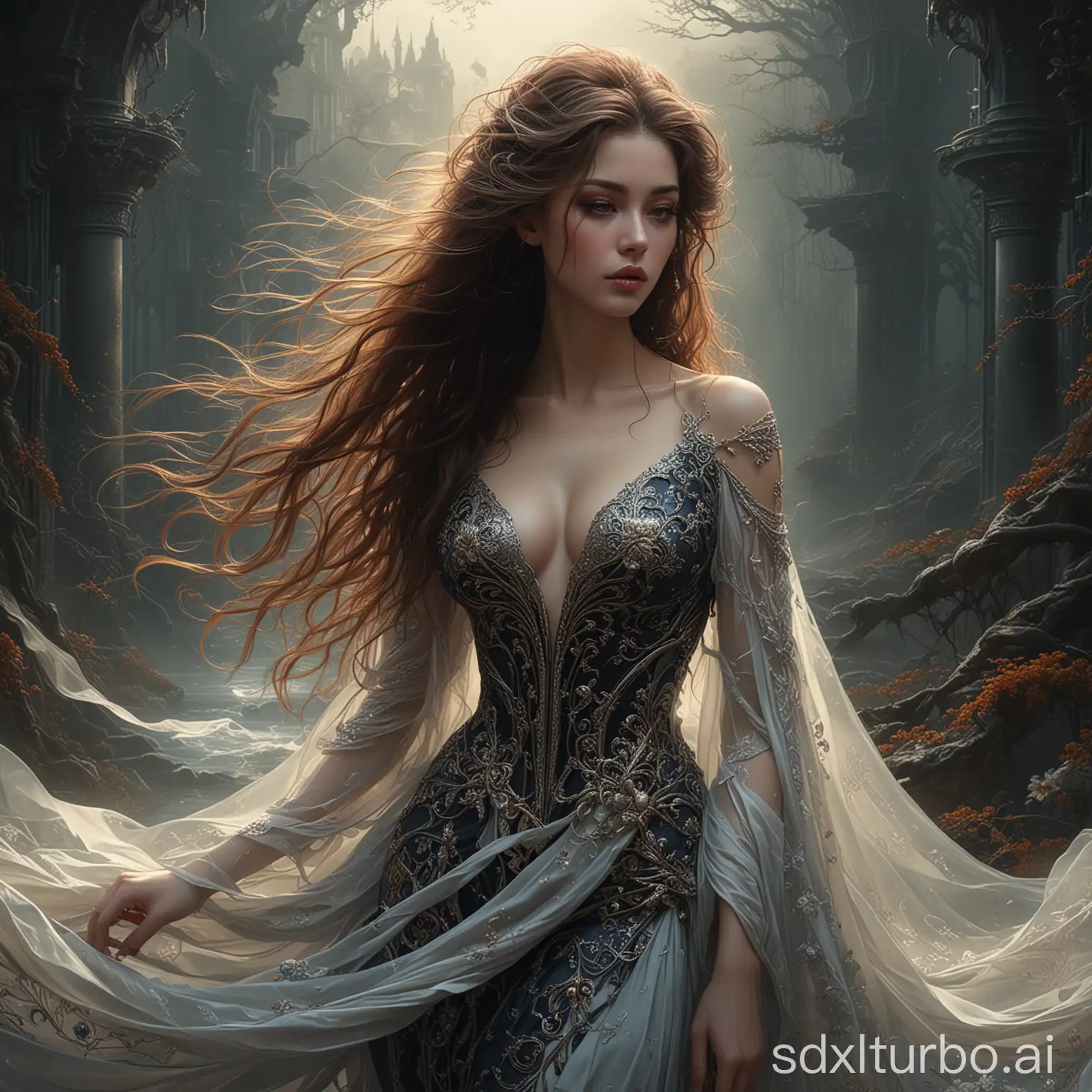 a stunning and sensual digital painting inspired by the artistic style of Karol Bak. The female subject is depicted with long, flowing hair and an exquisite gown, her eyes locked in a mysterious gaze. The background features a dark, fantastical landscape with intricate details and a glossy finish. The artwork showcases the collaboration of Karol Bak and Peter Mohrbacher, Amano, and Karol Bak, and is a perfect embodiment of their combined talents. The piece captures the essence of dark fantasy, conceptual art, and illustration, creating a beautiful and mesmerizing digital masterpiece.