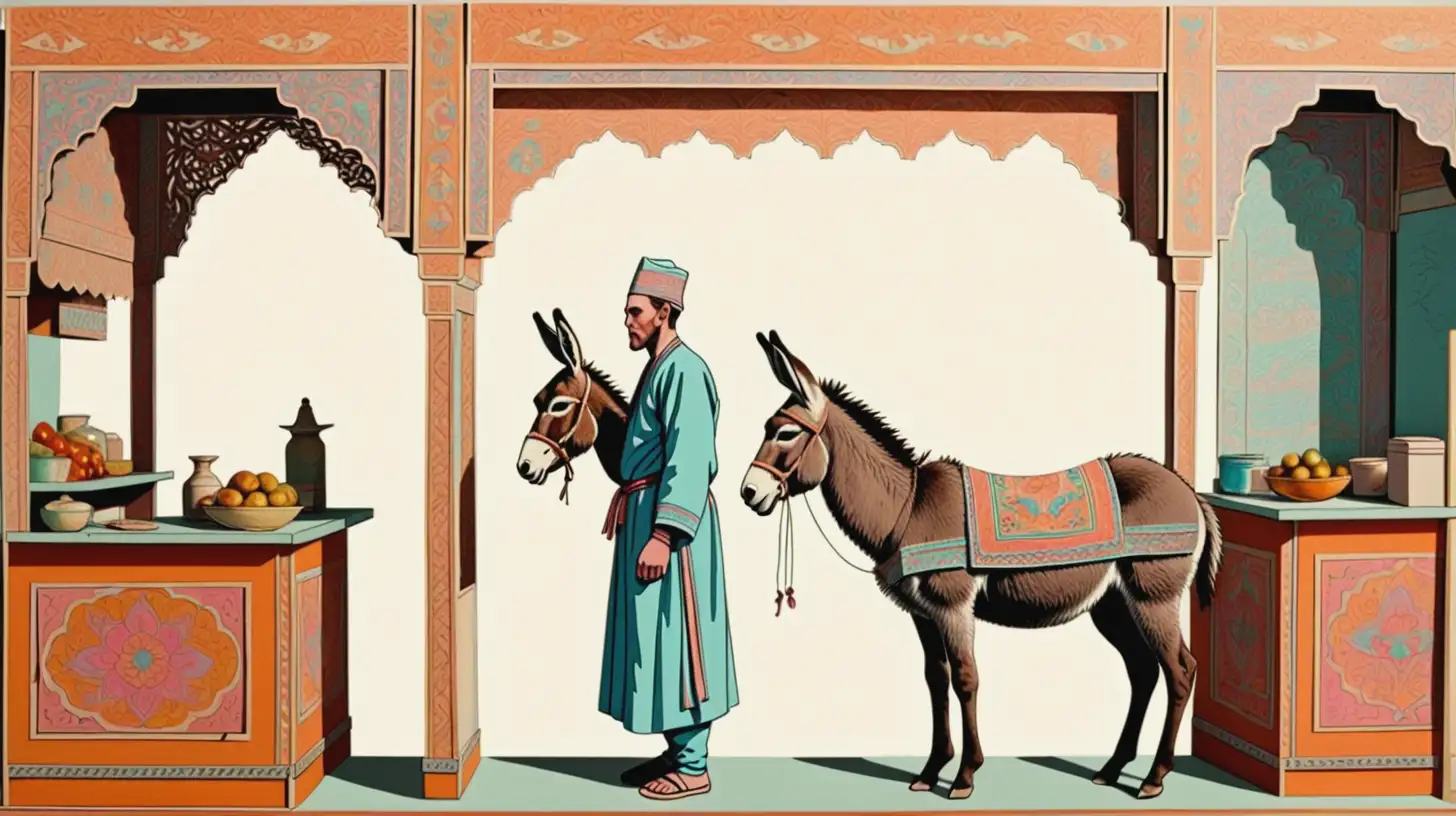 19th Century Kazakh Merchant Assisting Customer with Donkey Laser Cut Paper Illustration