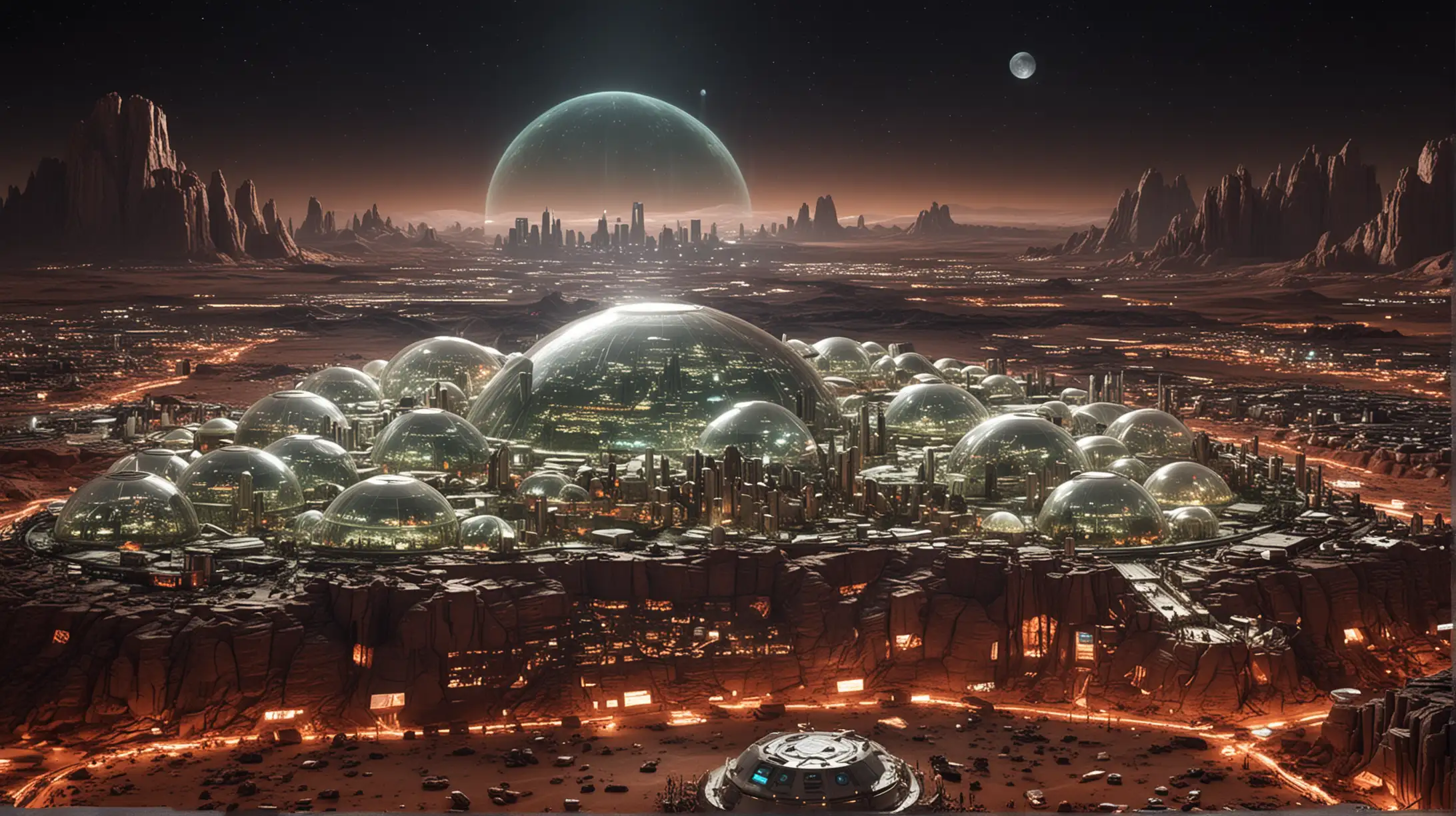 a giant glass dome, inside is far away night image of a massive sprawling domed mars colony mega-sized metropolis with neon lights and white skyscrapers ,white buildings, the city goes on as far as the eye can see to the horizon, the city is comprised of hexagonal glass domes, the Martian surface is like a rocky desert with small amounts of greenery