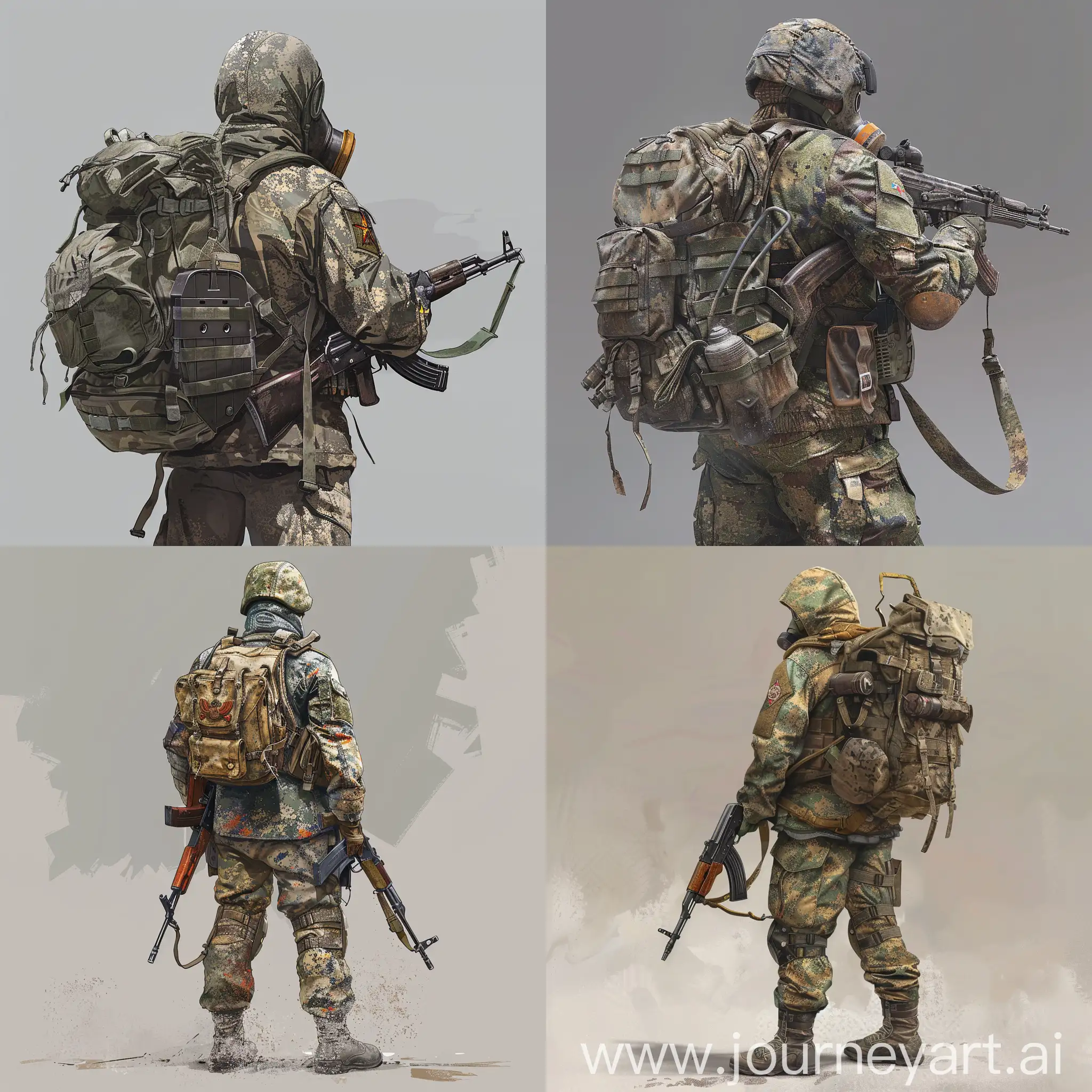 Character concept art, Spetsnaz, Dragunov SVD rifle in the arms, soviet camouflage military uniform, gasmask, old soviet armor, military backpack on the back.