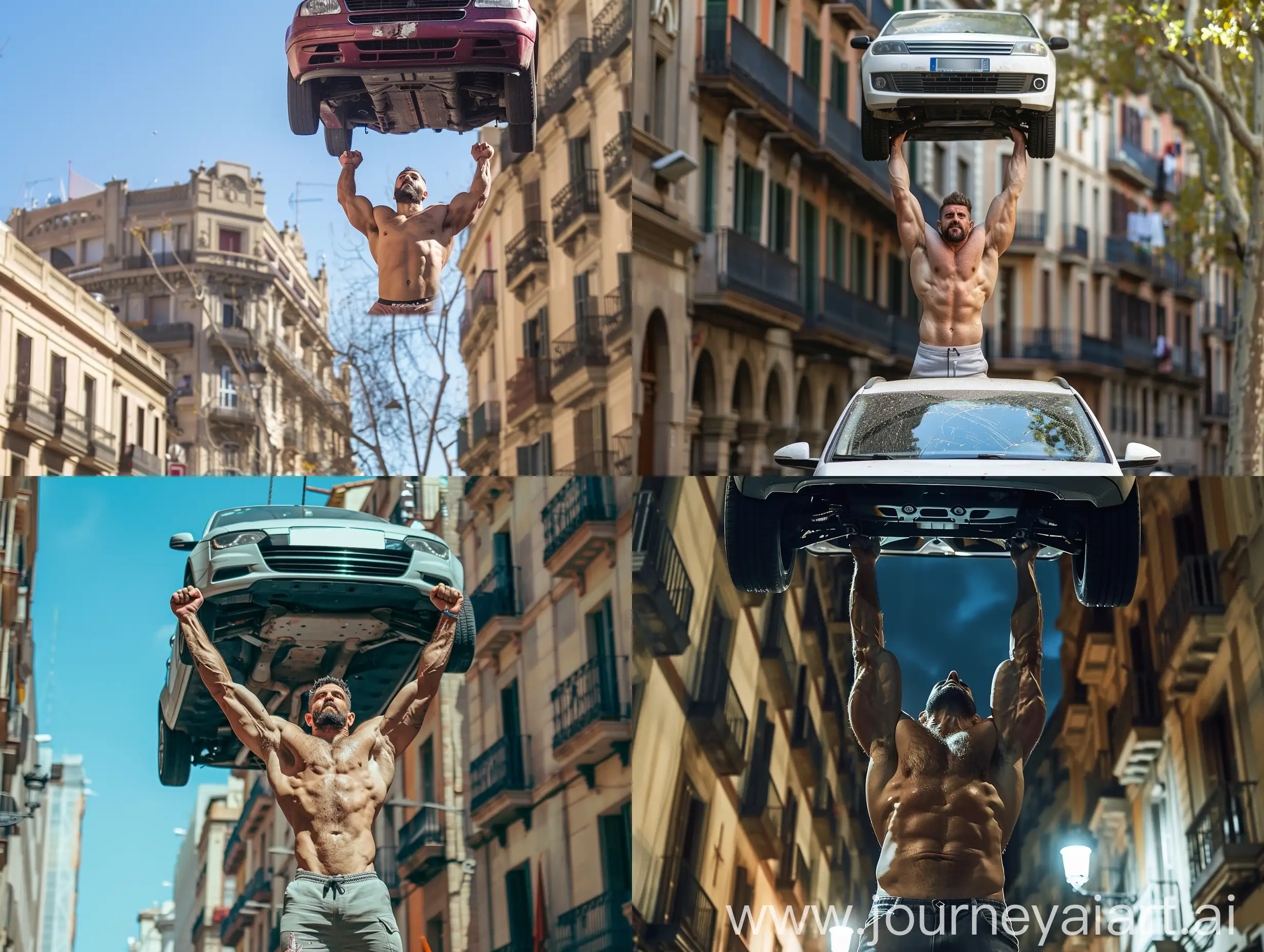 A big muscular strongman is lifting up a car, in Barcelona