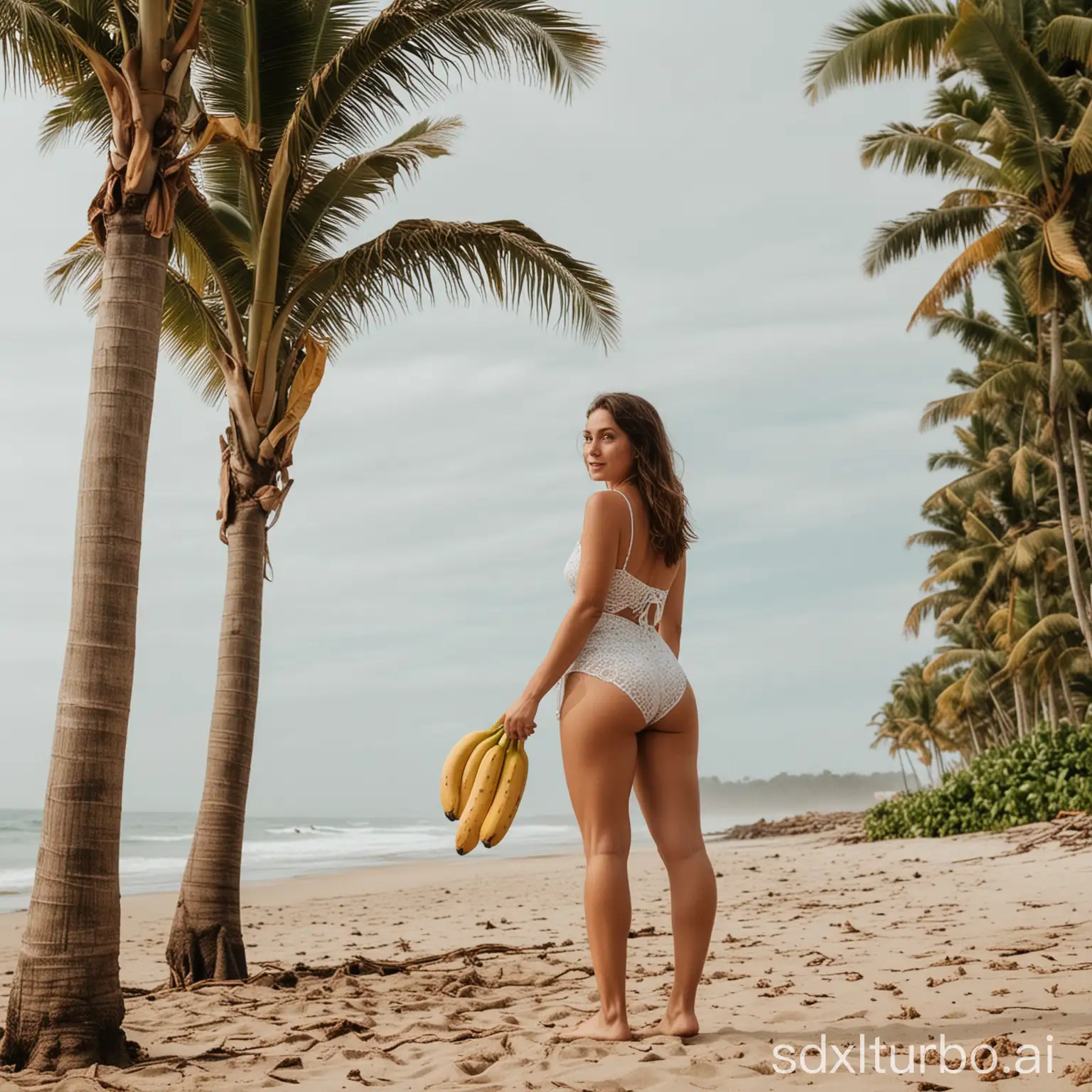 Woman-Standing-on-Beach-with-Banana-Trees-in-Tropical-Setting