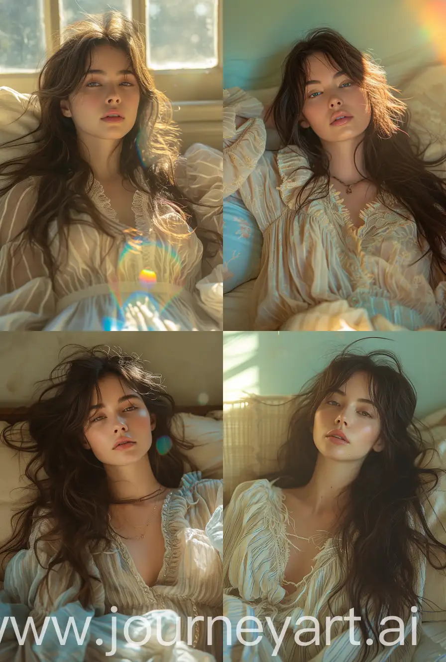 a woman with long hair laying in bed, in the style of yigal ozeri, anamorphic lens flare, bella kotak, video, close up, jagged edges, light beige and blue --ar 73:108 --stylize 750 --v 6