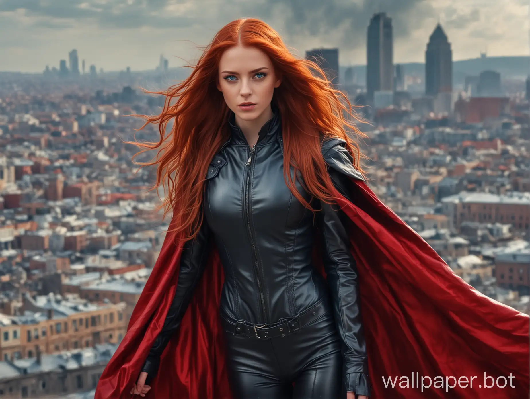 beautiful girl with long red hair in a leather suit, with a red cloak behind, flies over the city, hair develops, cloak develops, brightly burn blue eyes