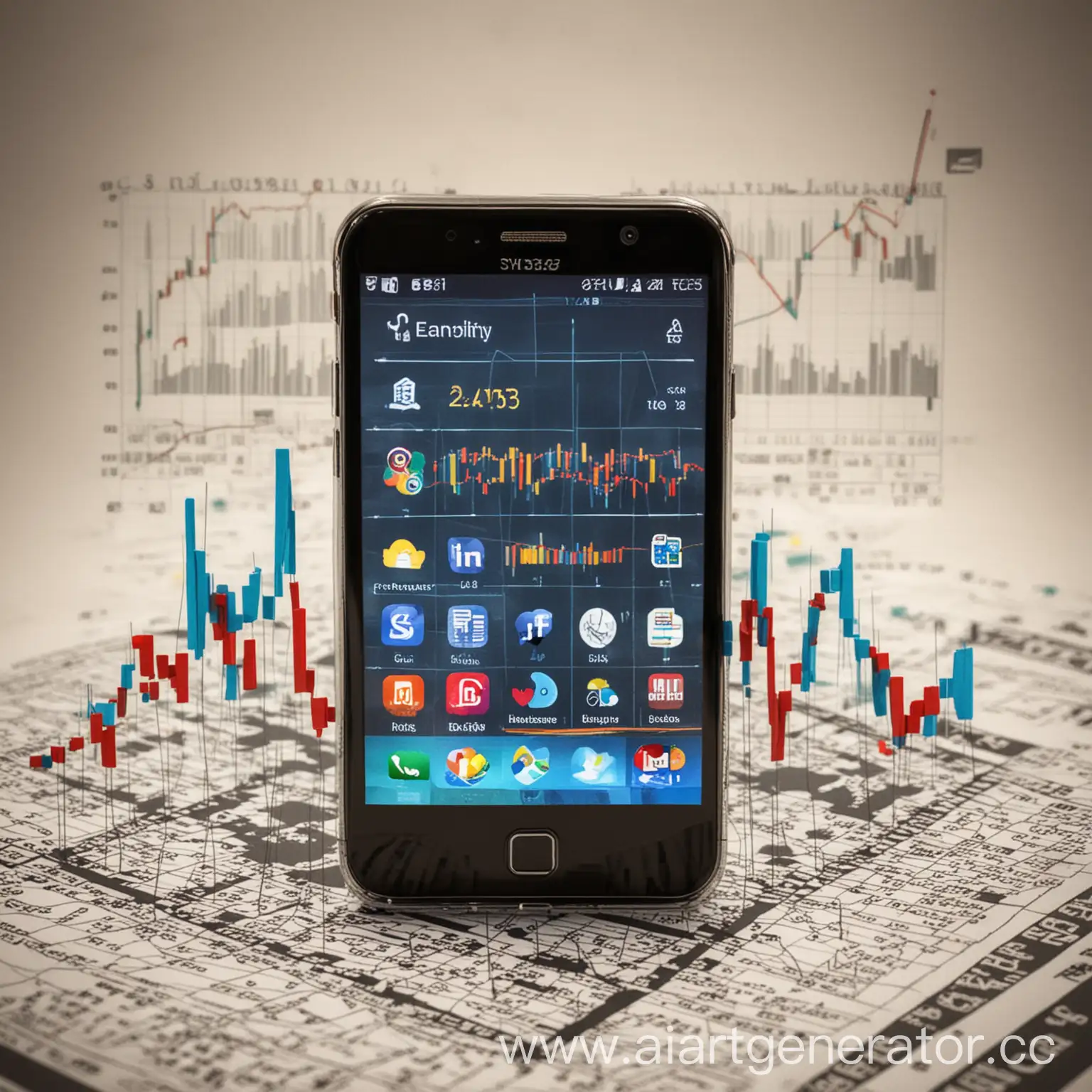Телефон, на котором изображены социальные сети, на фоне скачков роста графиков фондовых бирж