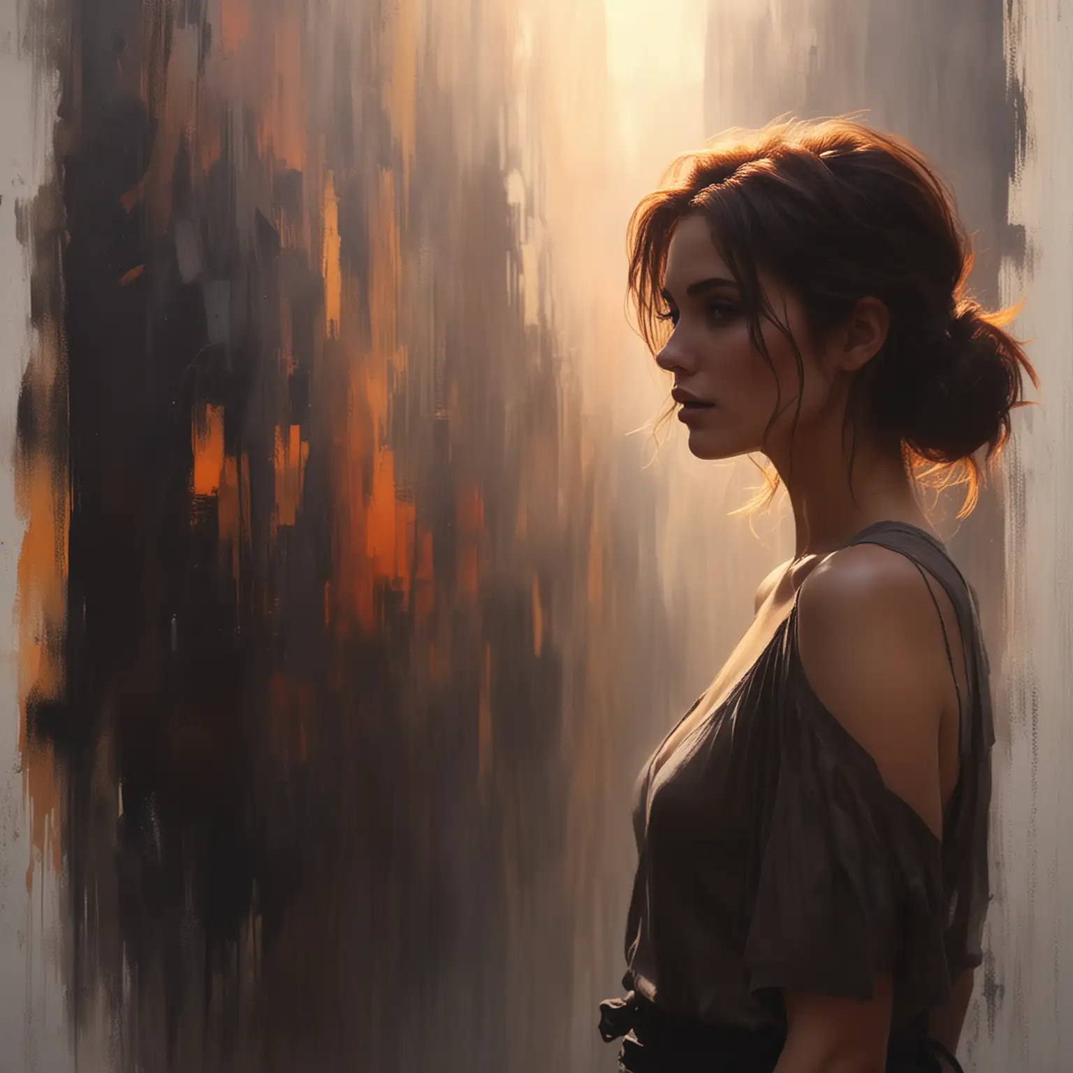 dreamlike paint, allegory style, (art style by Casey Baugh:1.1), An shadow-image of coloured Vivid oil colours misty shadows in silhouette girl shape on wall-background, foggy atmosphere, fog in the air, casting over a vibrant landscape, contrast between light and shadows accentuated, golden hour, ultra sharp-clear, dramatic lighting, cinematic poster scene, digital art, (watercolours paint:0.9)
