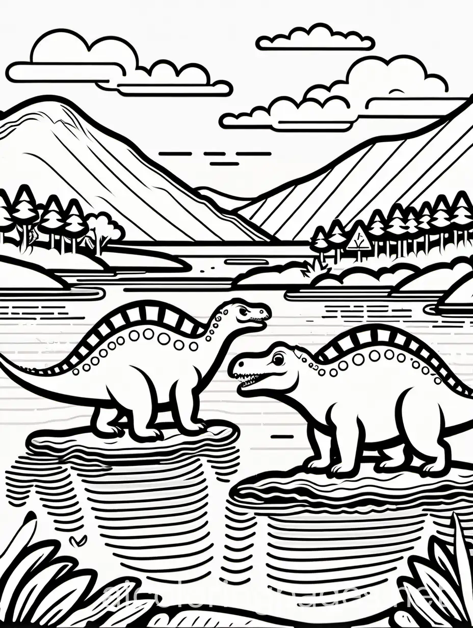 two cute cartoon dinosaurs playing by a river




, Coloring Page, black and white, line art, white background, Simplicity, Ample White Space. The background of the coloring page is plain white to make it easy for young children to color within the lines. The outlines of all the subjects are easy to distinguish, making it simple for kids to color without too much difficulty