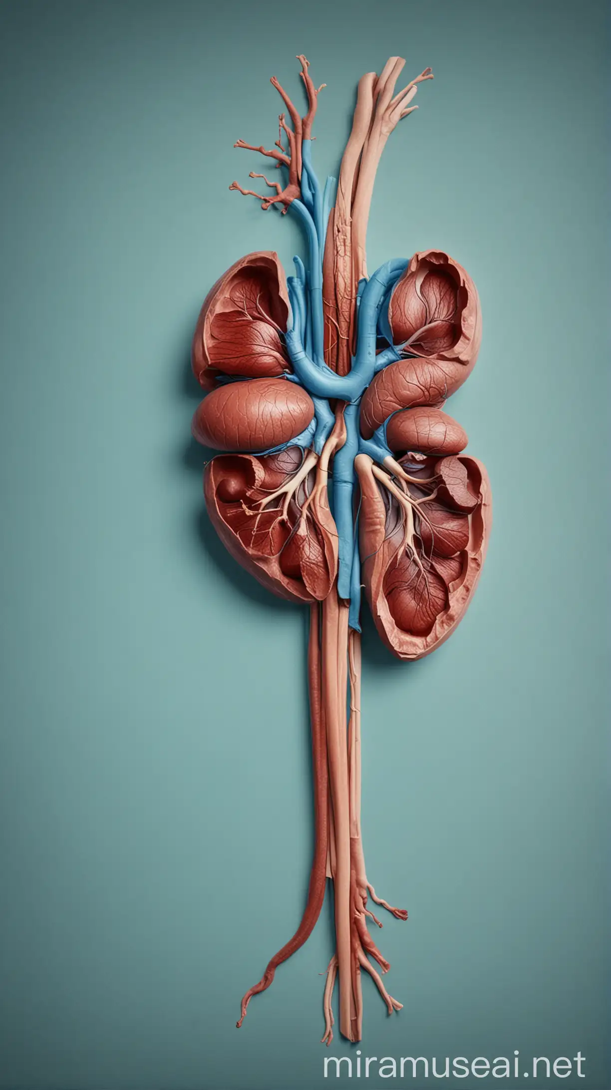 Create an image with human kidney on one side and blank space on the other side for anatomy. In blue background