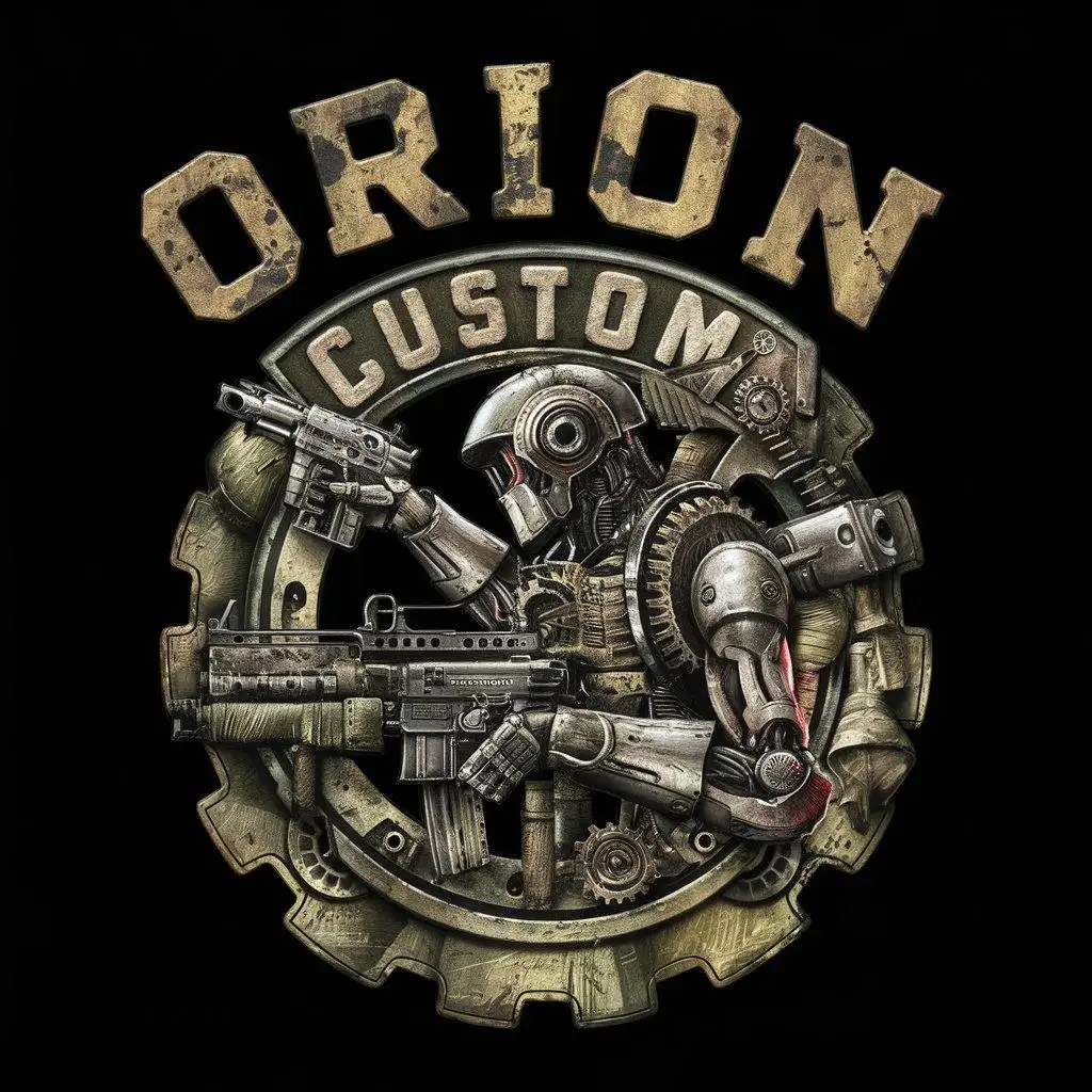 a logo design,with the text "orion custom", main symbol:patch military without background, circular patch, vintage, gun, post apocalypse, robot,complex,be used in Technology industry,clear background