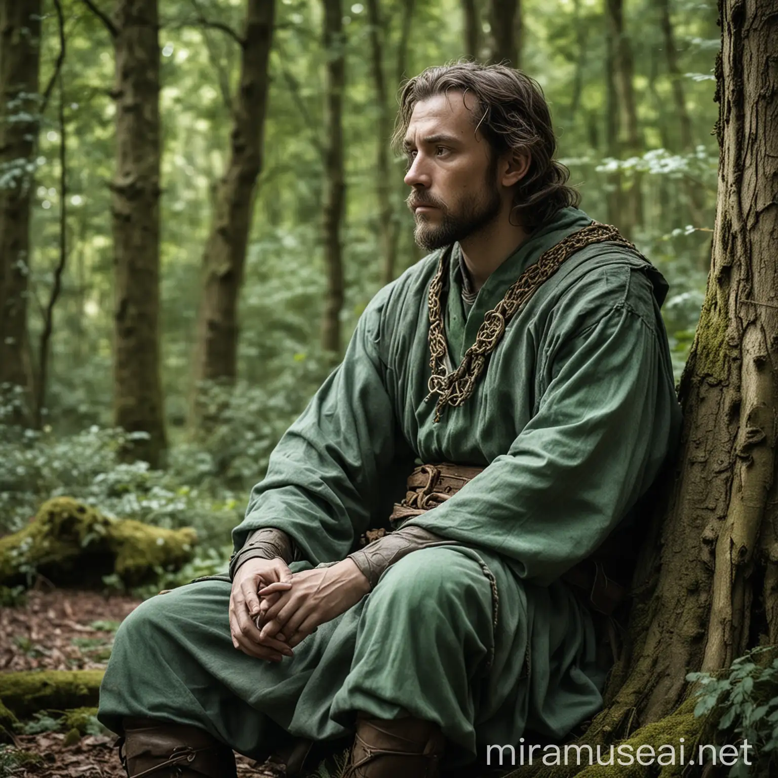 A medieval man sat in the woods looking contemplative but he's made of jade