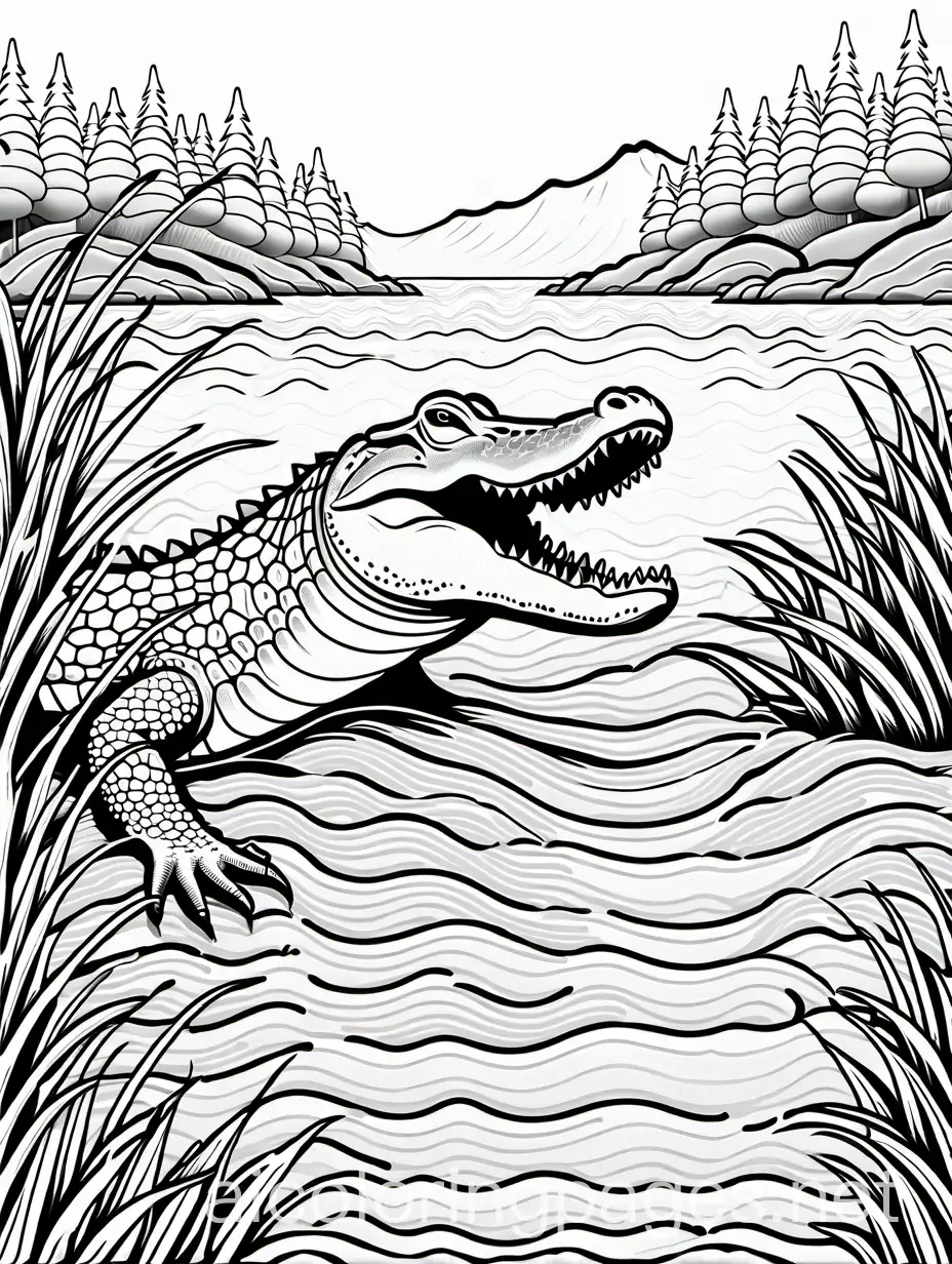 crocadile in river, Coloring Page, black and white, line art, white background, Simplicity, Ample White Space