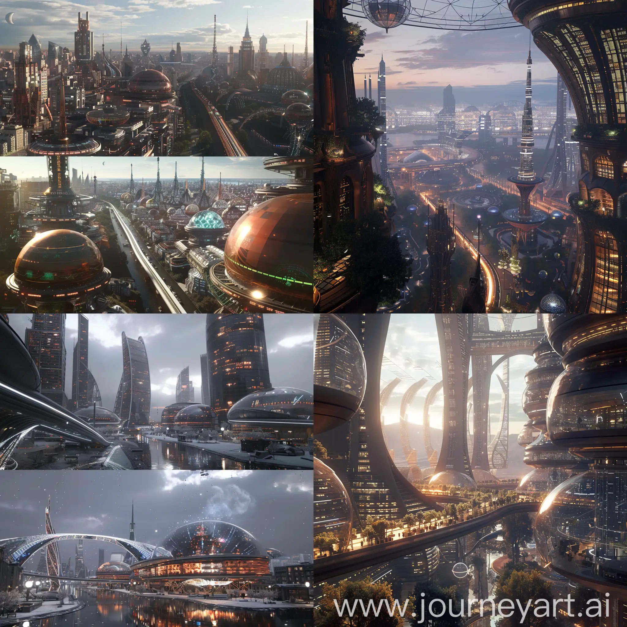 Futuristic Moscow, Metro-morphosis (Inception), Exogenesis Apartments (Elysium), Mnemonic Alleyways (Minority Report), Weather Weaver Domes (Cloud Atlas), Bioluminescent Botanical Gardens (Avatar), Dream Weaver Cafes (Paprika), Zero-G Parks (Passengers), Holo-Taxis (Blade Runner 2049), Kinetic Facades (Equilibrium), Symbiotic Streetlamps (Altered Carbon), Sky-piercing Megastructures (Snowpiercer), Kinetic Cathedrals (The Fountain), Hyperloop Highways (Primer), Weather-responsive Skins (Annihilation), Augmented Reality Skylines (A Scanner Darkly), Vertical Farmscrapers (Elysium), Modular Homescapes (Cloud Atlas), *Adaptive Archways (Arrival), Bioluminescent Waterways (Prometheus), Nanotech Reinforced Towers (Pacific Rim), unreal engine 5 --stylize 1000