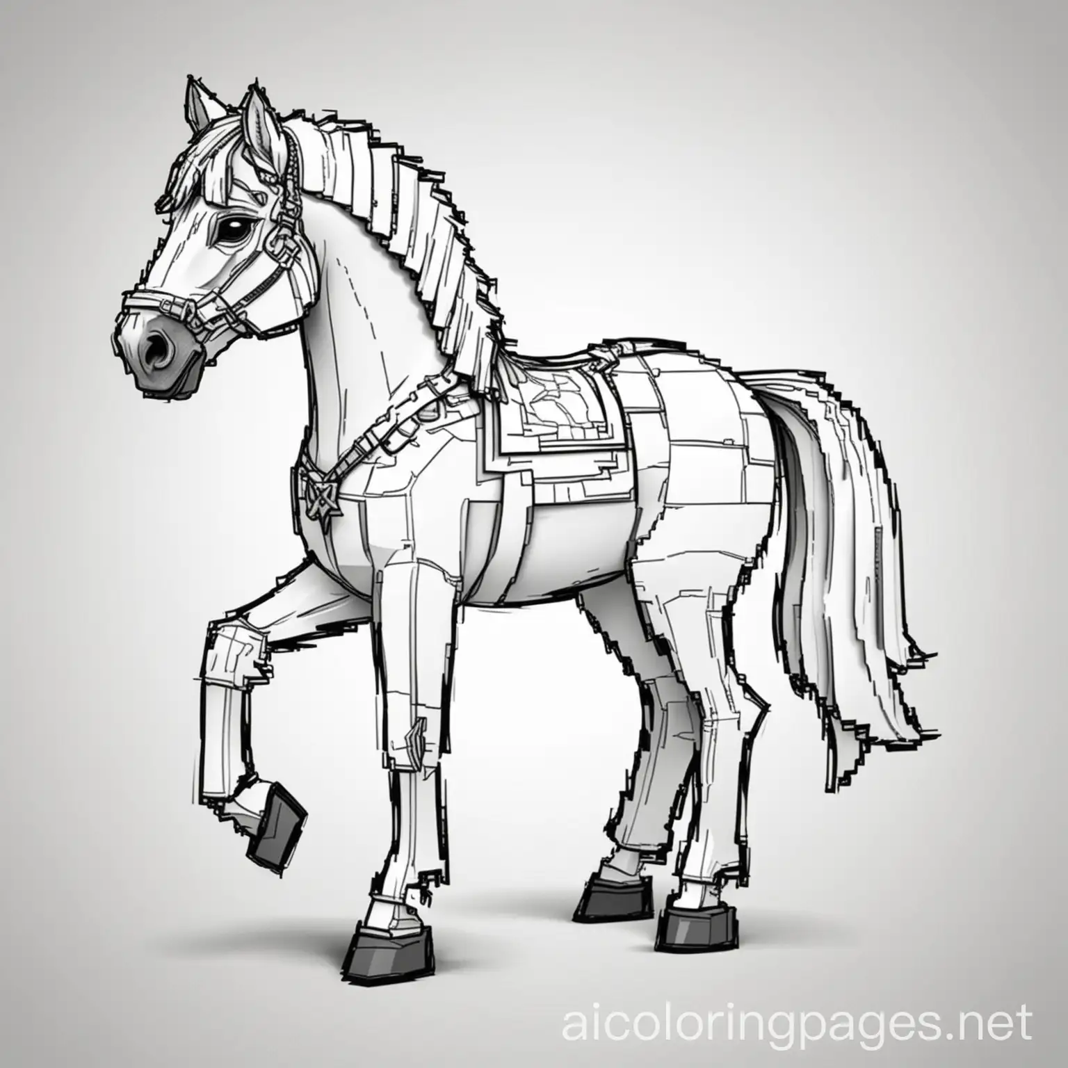 minecraft horse, Coloring Page, black and white, line art, white background, Simplicity, Ample White Space. The background of the coloring page is plain white to make it easy for young children to color within the lines. The outlines of all the subjects are easy to distinguish, making it simple for kids to color without too much difficulty