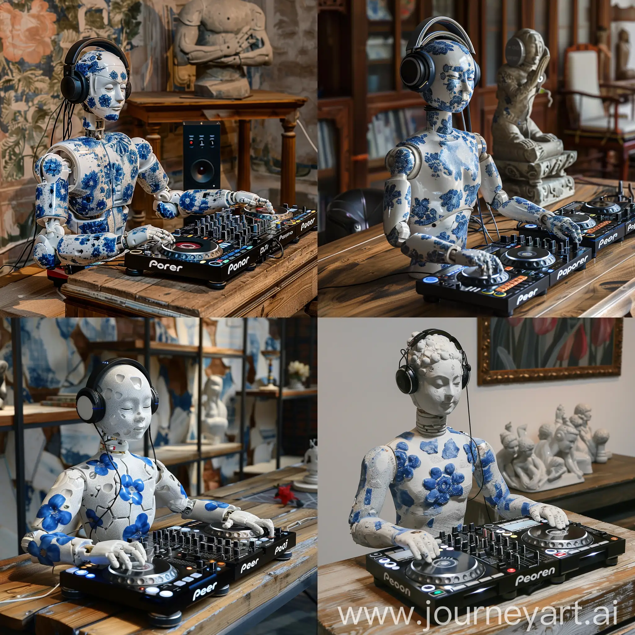 DJ-Humanoid-Robot-Mixing-Music-in-Private-Room-with-Ceramic-Stone-Statue