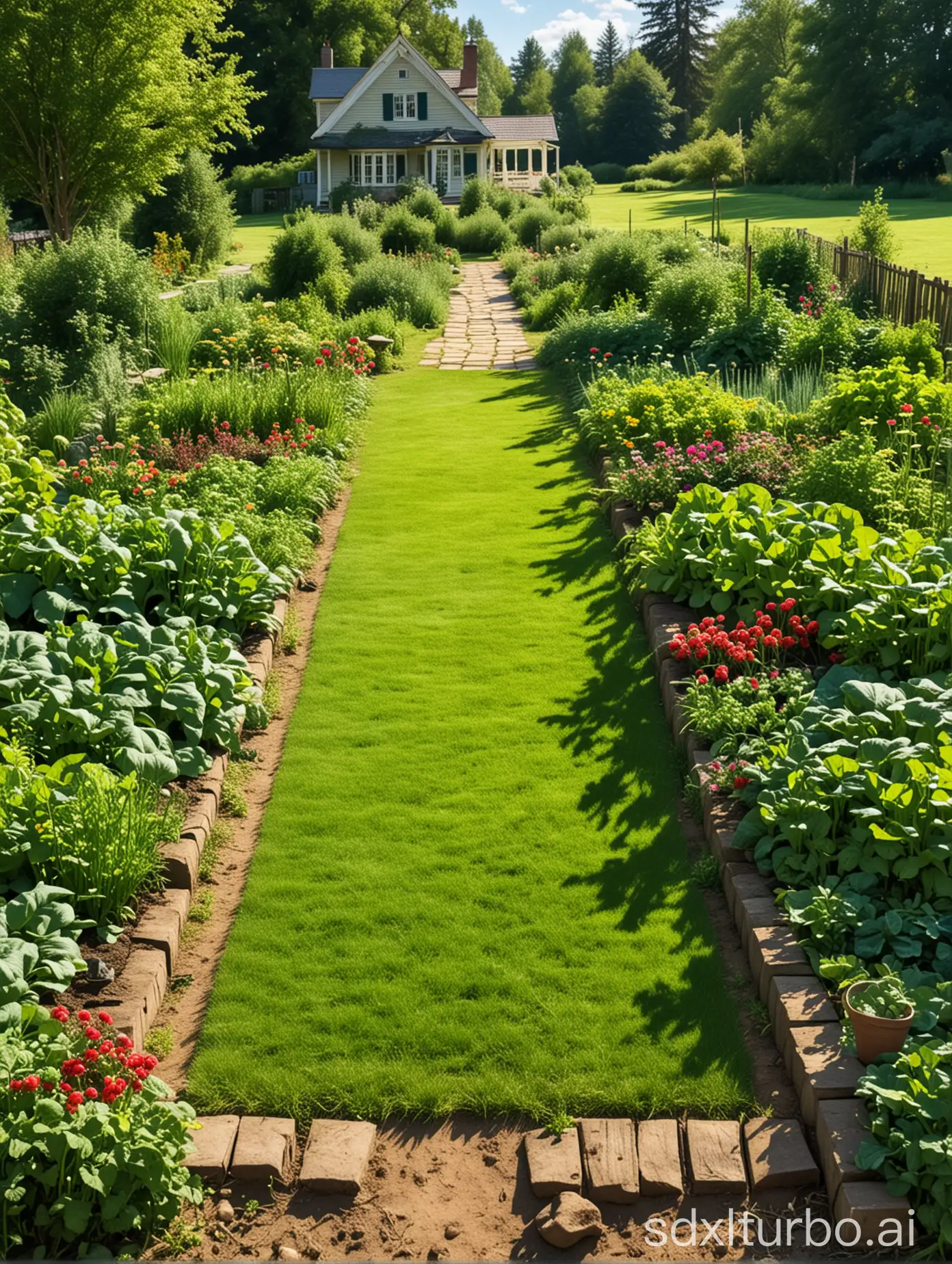 A GREEN LAWN, A SUNNY DAY, REALISM, A COUNTRY HOUSE, VEGETABLES GROW IN THE BEDS