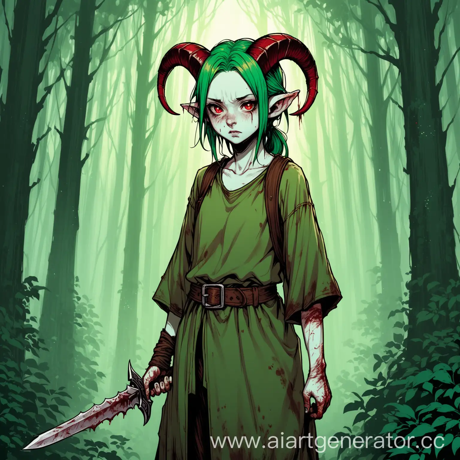 Fearful-Slave-Tiefling-Girl-with-Broken-Horn-in-Forest