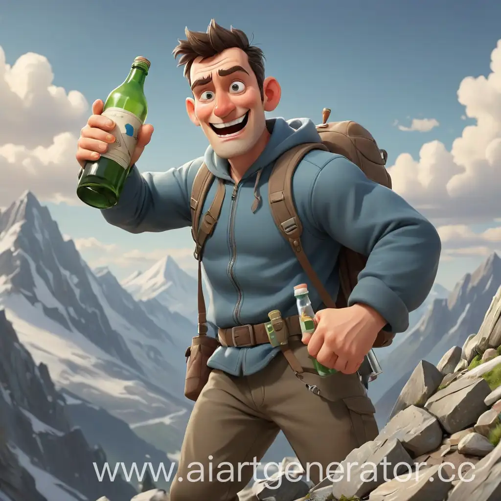 Cartoonish-Man-Conquering-Mountain-with-Bottle-in-Hand