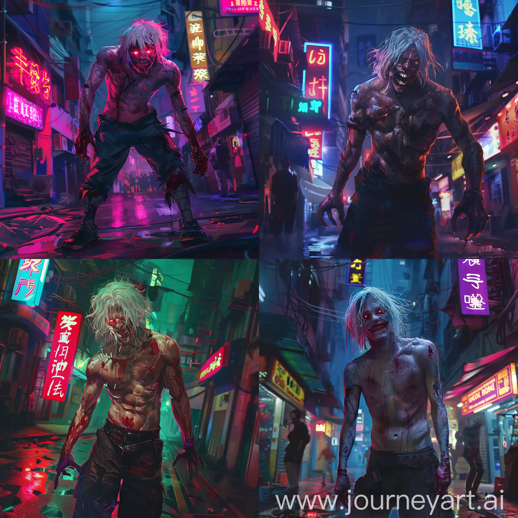 The guy is thin, of medium height, with a lot of scars on his body. He has shoulder-length white hair and red eyes. He stands in an attacking pose with a smile. His teeth are sharp and his fangs are long. His face expresses anticipation. He stands on the street at night, the street is illuminated by neon signs. He is wearing only black loose pants and sneakers. His hands are covered in blood.