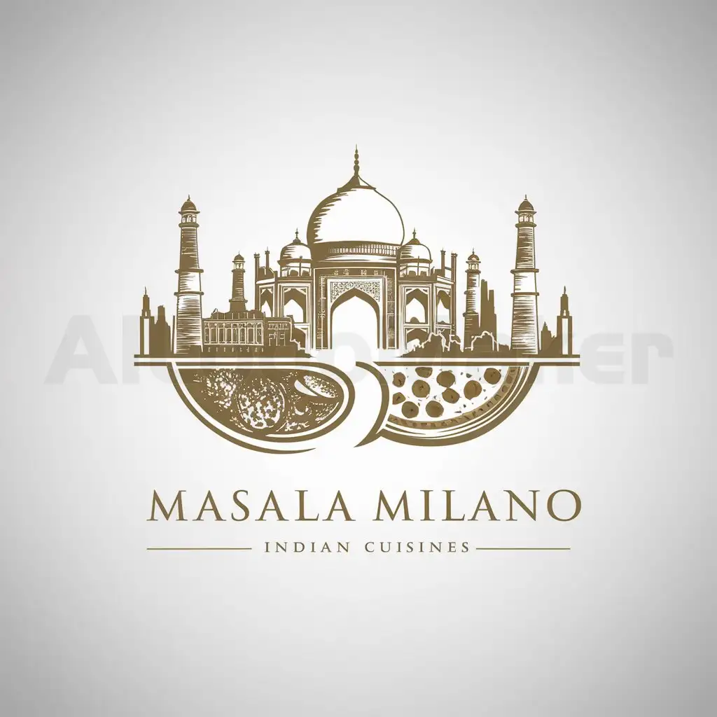 a logo design,with the text "Masala milano", main symbol:Fusion of tajmahal and milan in background with food from both the country,Moderate,clear background