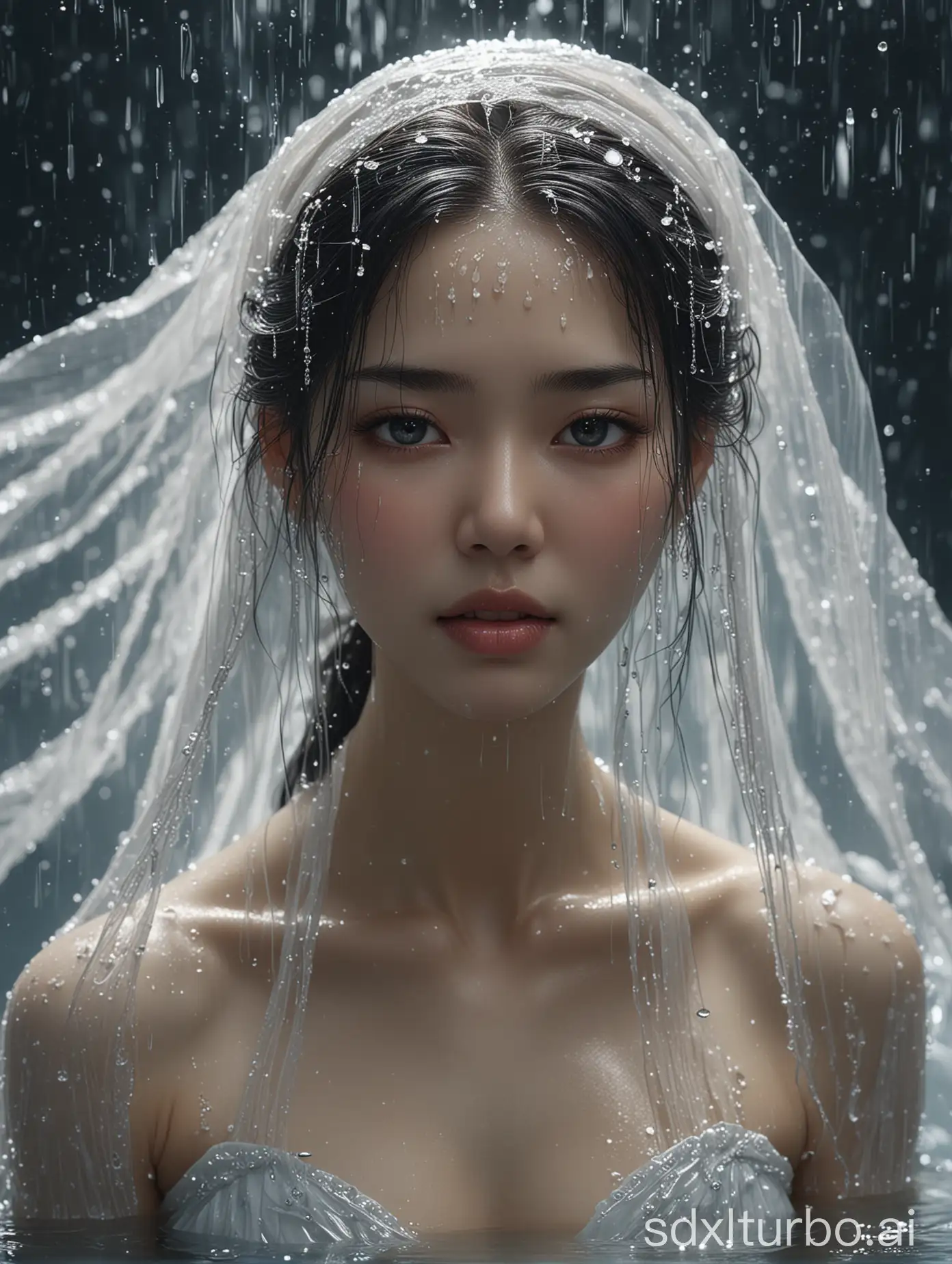 A Chinese ancient beauty stands in water, posing dynamically, her magnificent sheer veil clings to her skin, water droplets slide down from her pale skin, charming beauty, frivolous expression, gorgeous eyes, elegant face, made by Yoshitaka Amano and Ross Tran, details, extremely realistic, high definition, 8k, 3d, rubber texture,