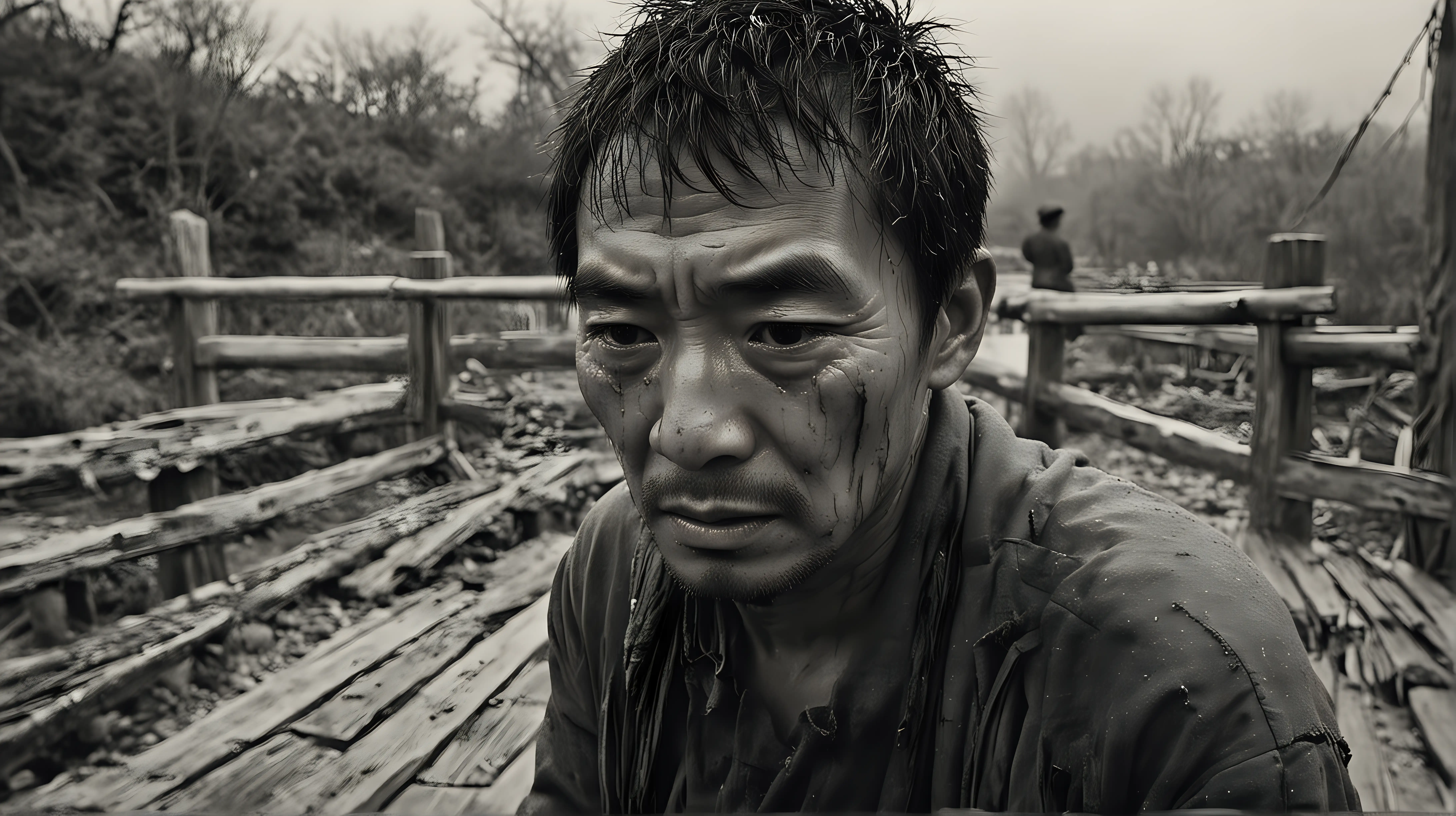 Solitary Mourning Chinese Man Weeping on Weathered Bridge