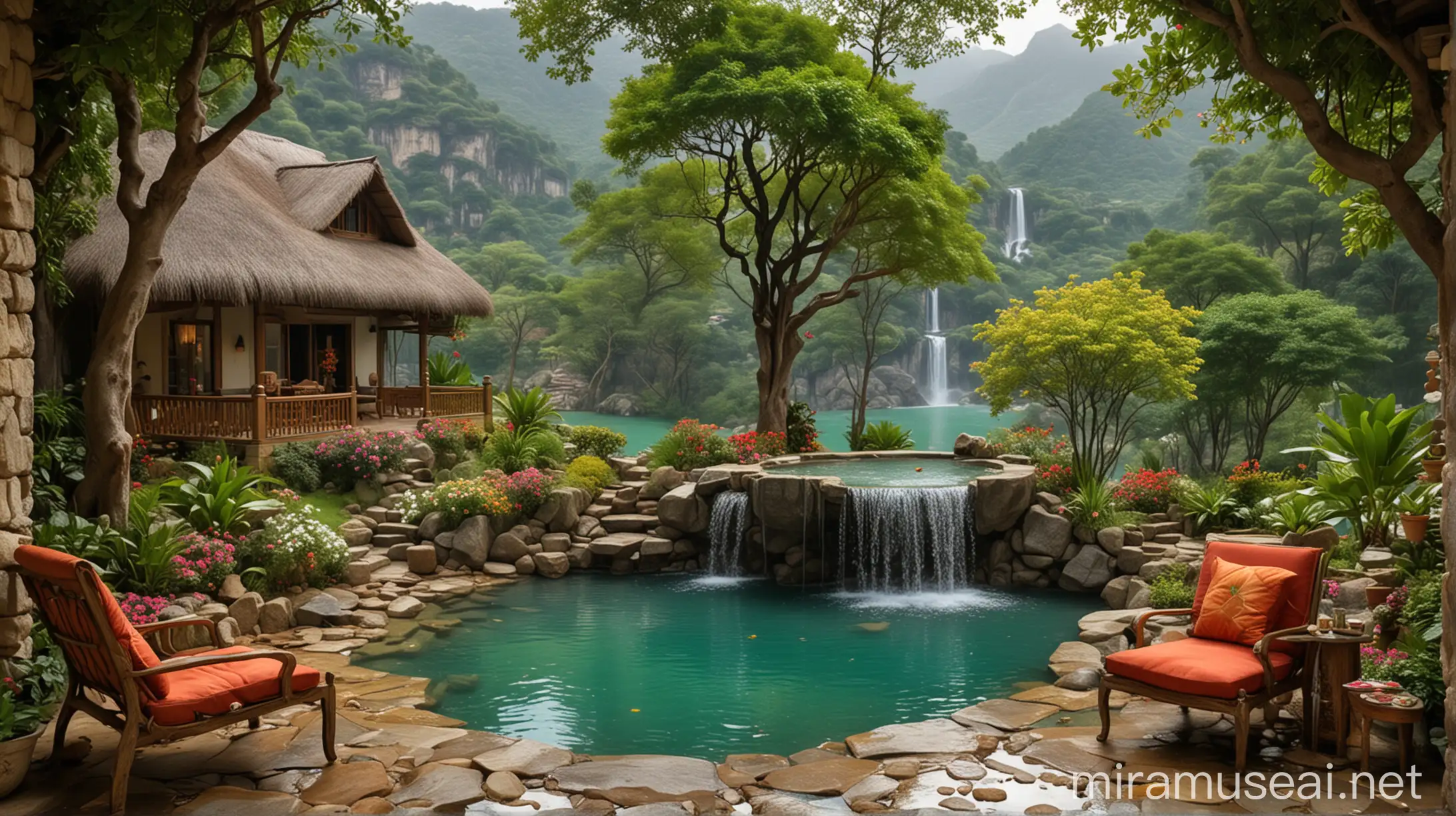 Majestic Waterfall Paradise Elegant House Adorned with Precious Gemstones