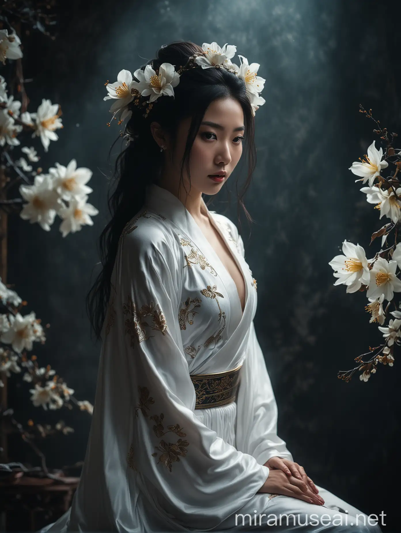 Princess, Chinese, regal, sexy, flowing white robe, dark, epic, cinematic, flowers, portrait