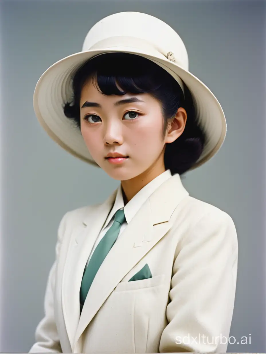 A colored old head photo of a young Japanese 21years woman in a white hat in the shape of a pedestal and white suit, 1956 Solid background color