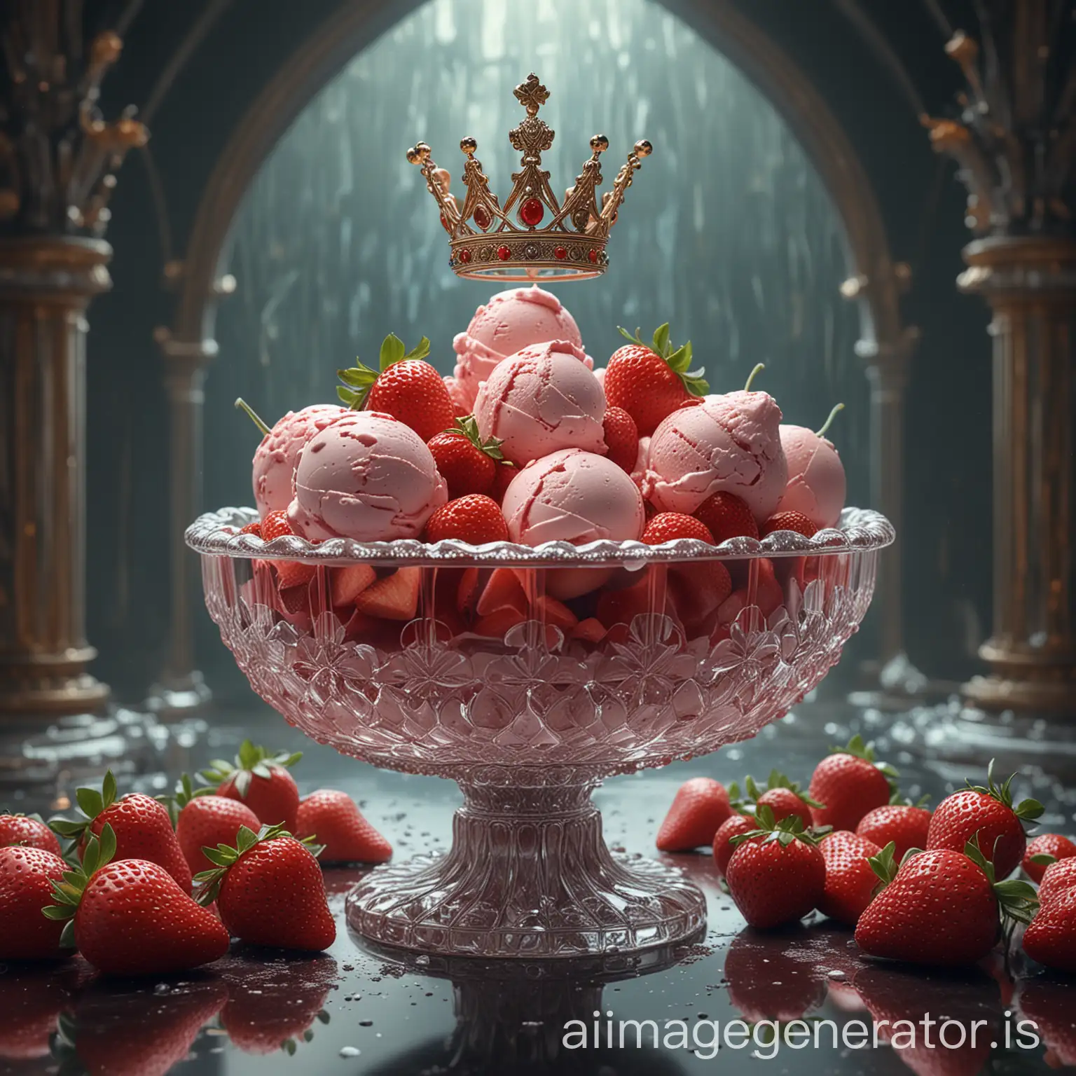 strawberries ice cream in the glass bowl, epic royal background, big royal uncropped crown, royal jewelry, robotic, nature, full shot, symmetrical, Greg Rutkowski, Charlie Bowater, Beeple, Unreal 5, hyperrealistic, dynamic lighting, fantasy art