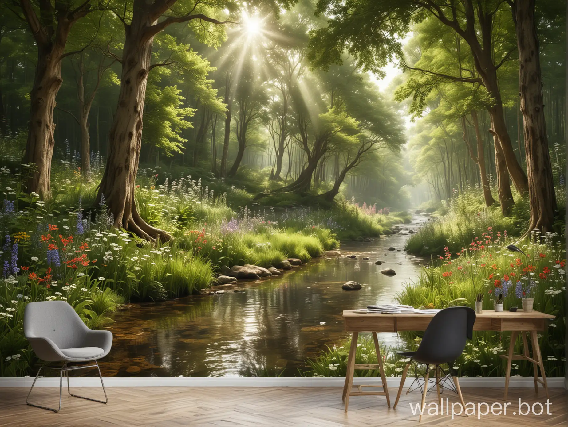 Create a 3D wallpaper design featuring a serene forest scene, with towering trees casting dappled sunlight onto a meandering stream, surrounded by lush greenery and vibrant wildflowers. The depth and intricacy of the design should make the viewer feel like they're stepping into a tranquil woodland paradise every time they glance at their walls.