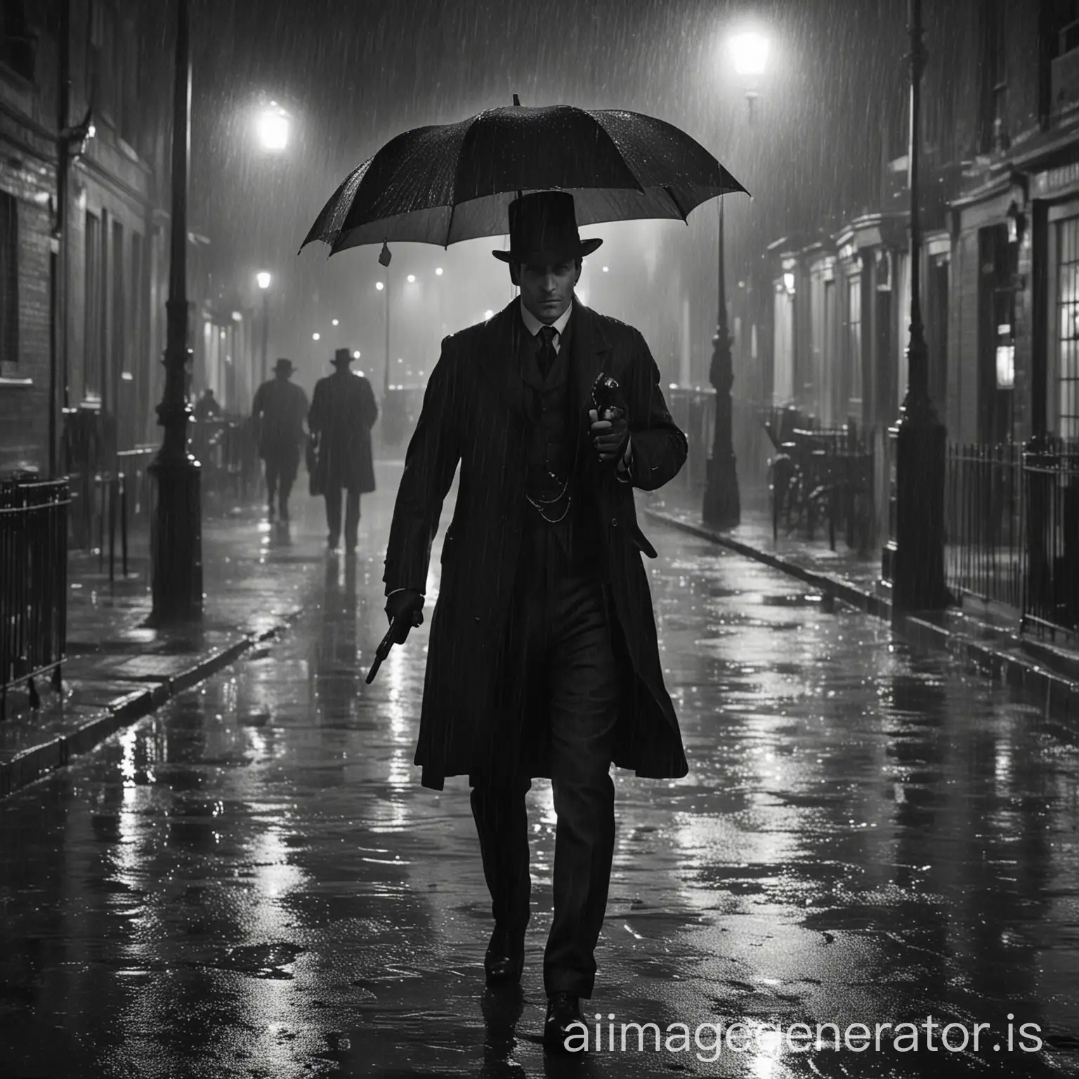 Street of London 1900 year. Heavy rain at night. Man in black suit with the pistol walking toward. No umbrella in picture. Picture quality image.