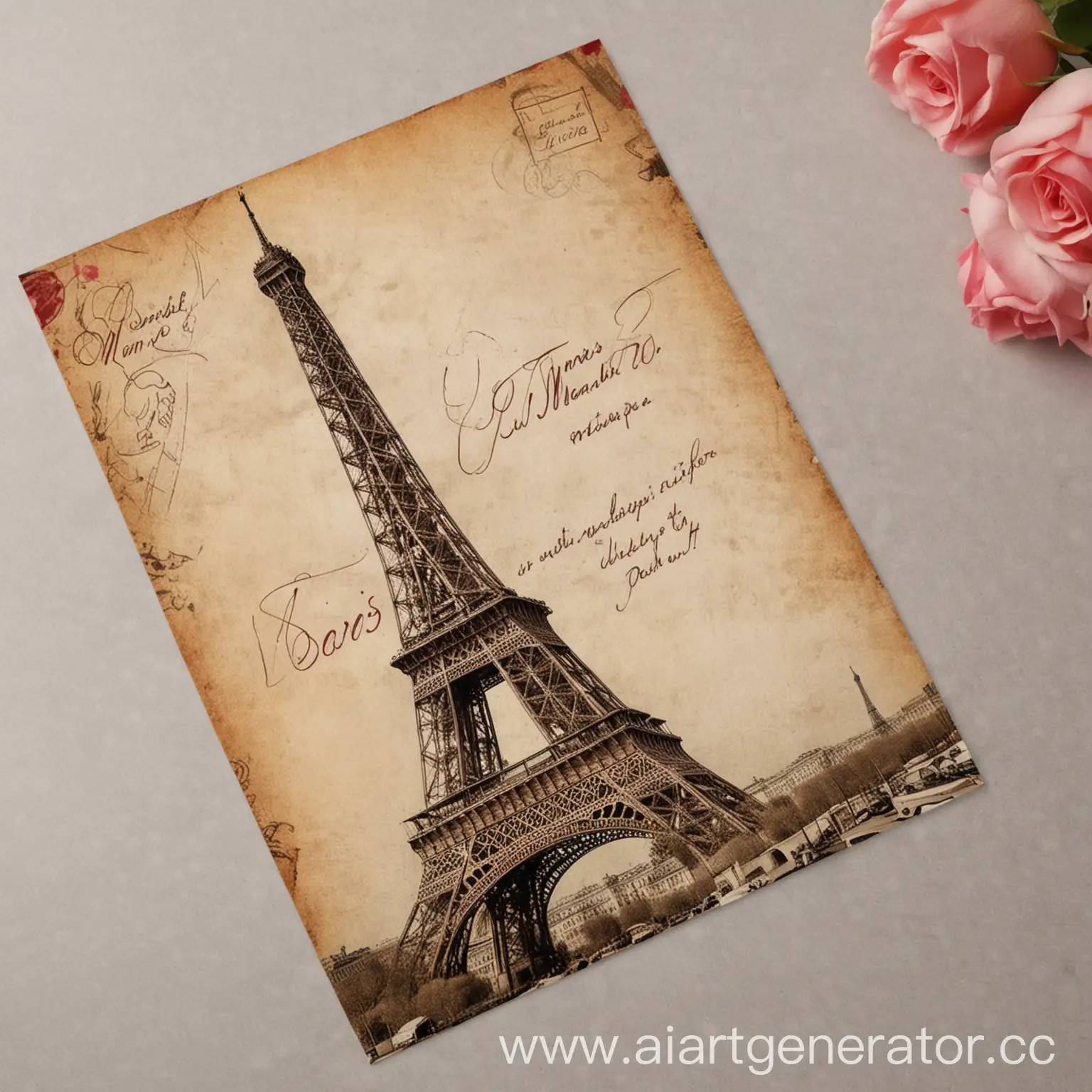 создай, пожалуйста, открытку в реалистичном стиле на который будет написано от руки  на русском языке  большим шрифтом "из Парижа с любовью" и фотография Эйфелевой башни